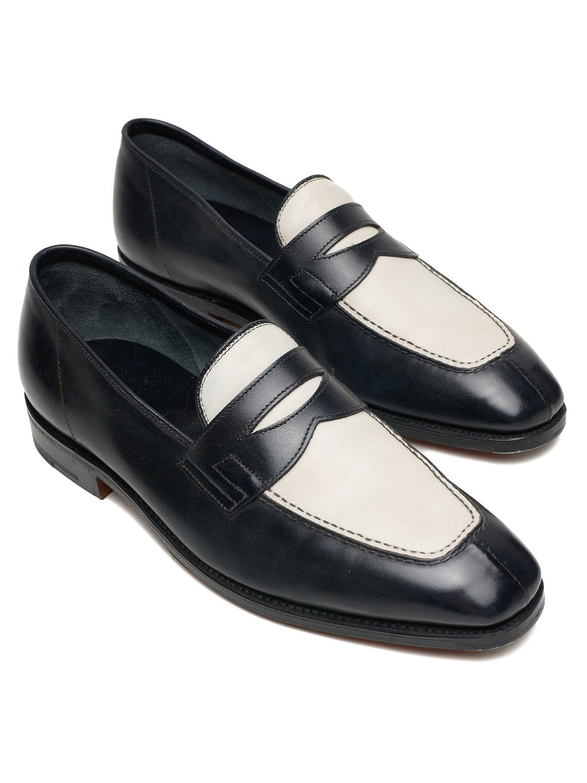 JOHN LOBB "Ashley" Black-White Leather Penny Loafers