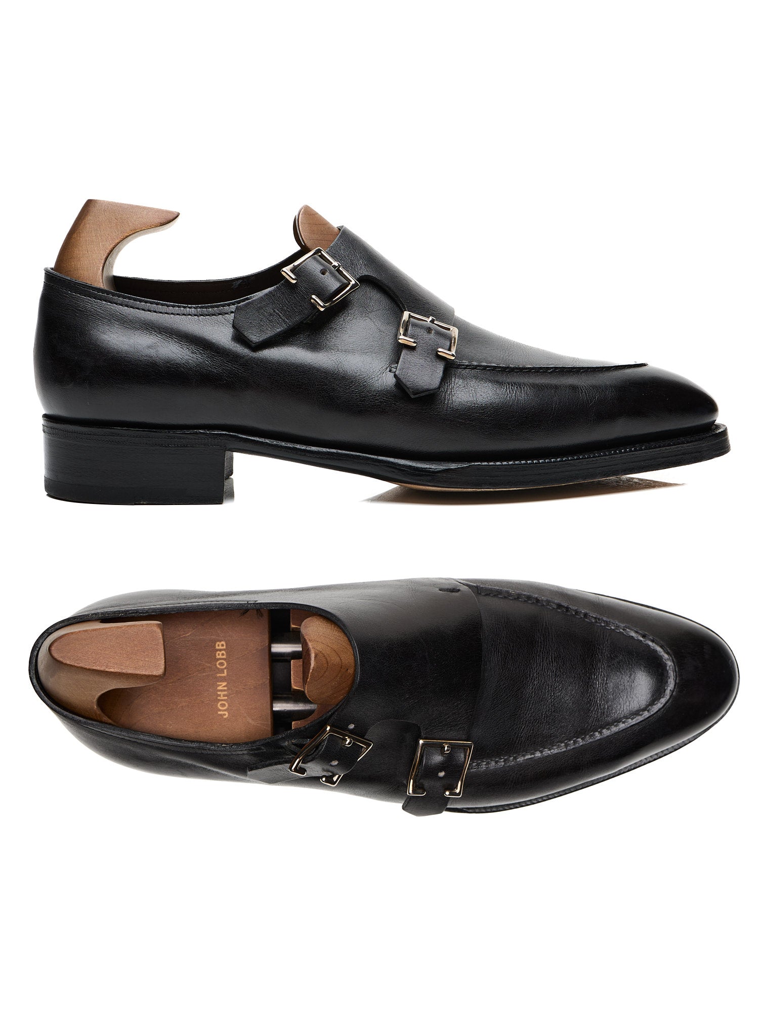 JOHN LOBB "Hayes" Black Leather Double Monk Apron Shoes