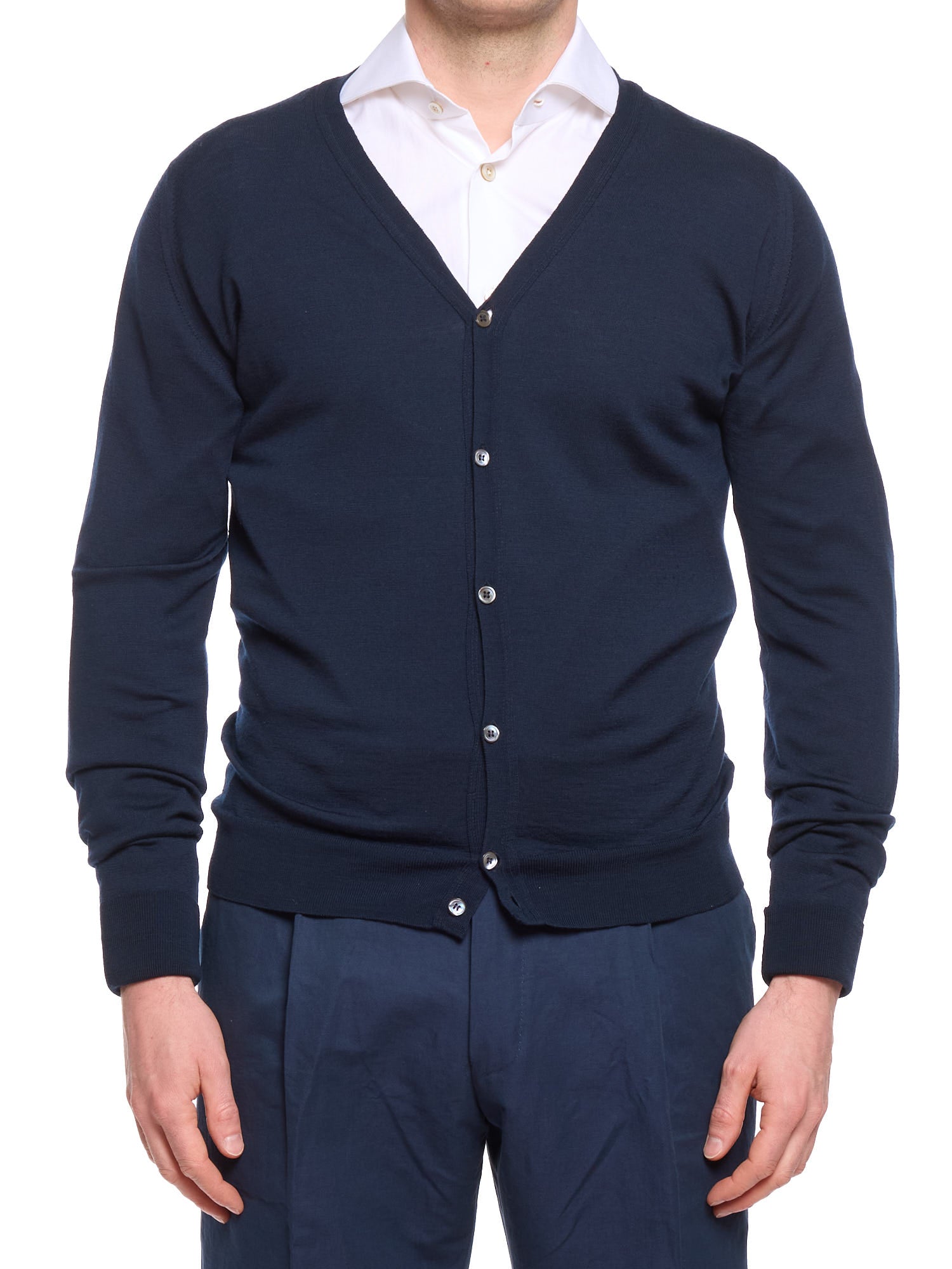JOHN SMEDLEY Dark Blue Merino Wool Cardigan Sweater