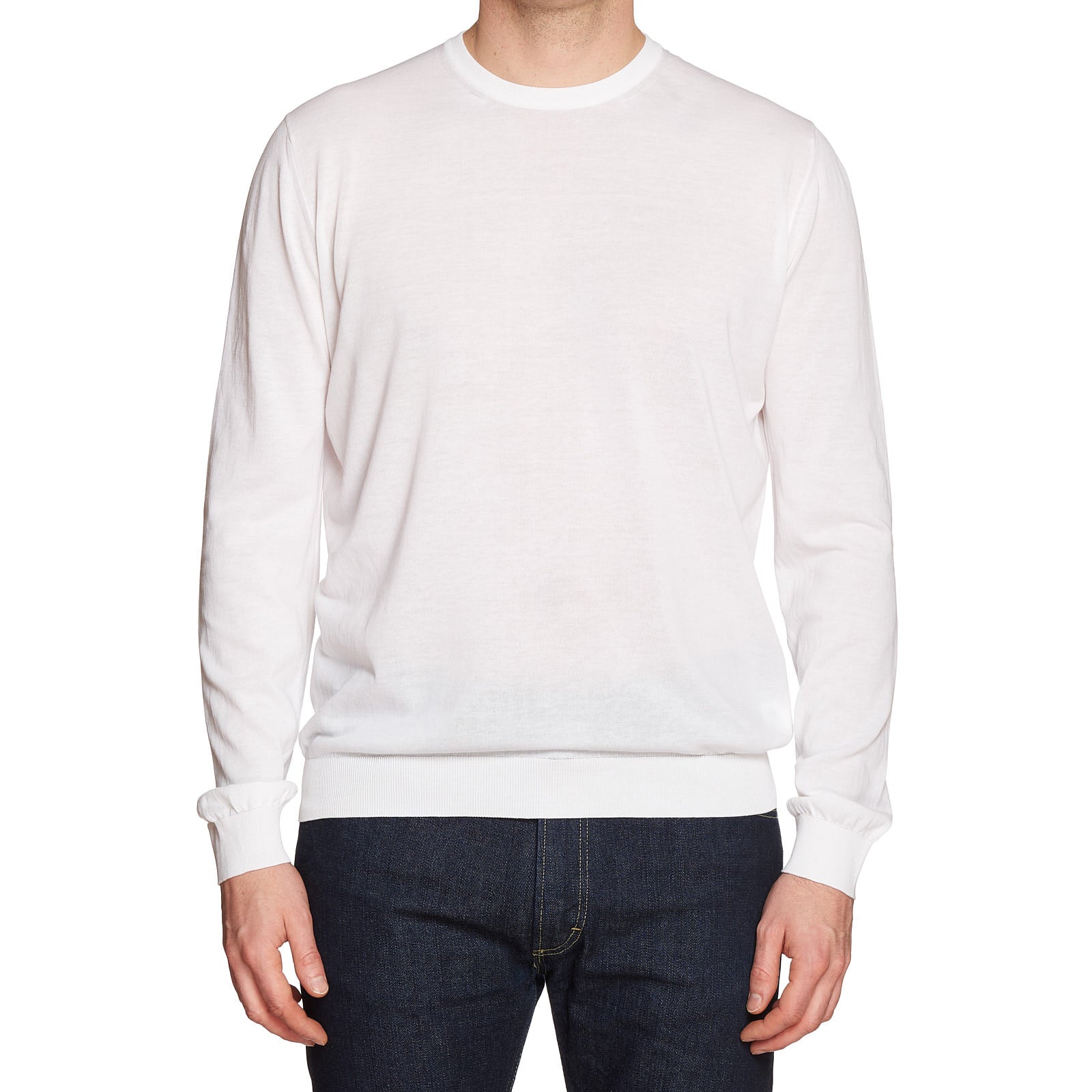 MALO "Makó" Cotton White Semi-Crepe Ribbed Crewneck Sweater EU 54 NEW US L MALO