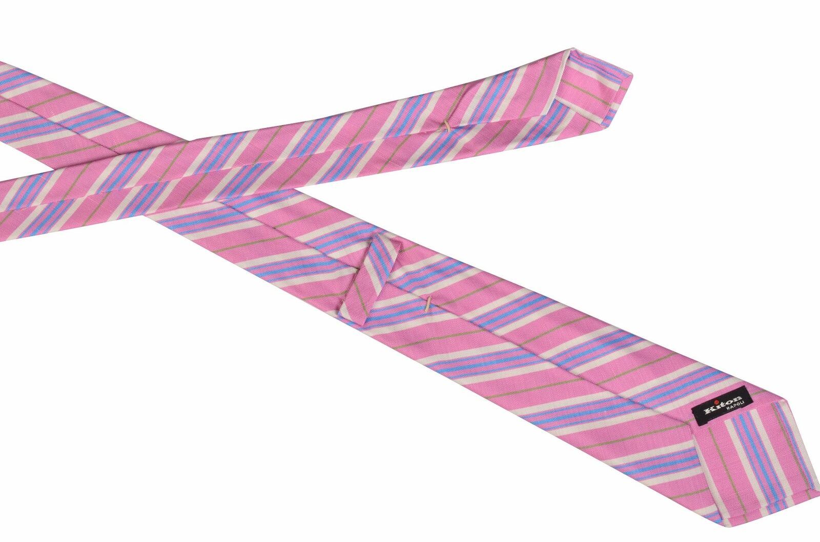 KITON Napoli Hand-Made Seven Fold Pink Diagonal Striped Silk Tie NEW