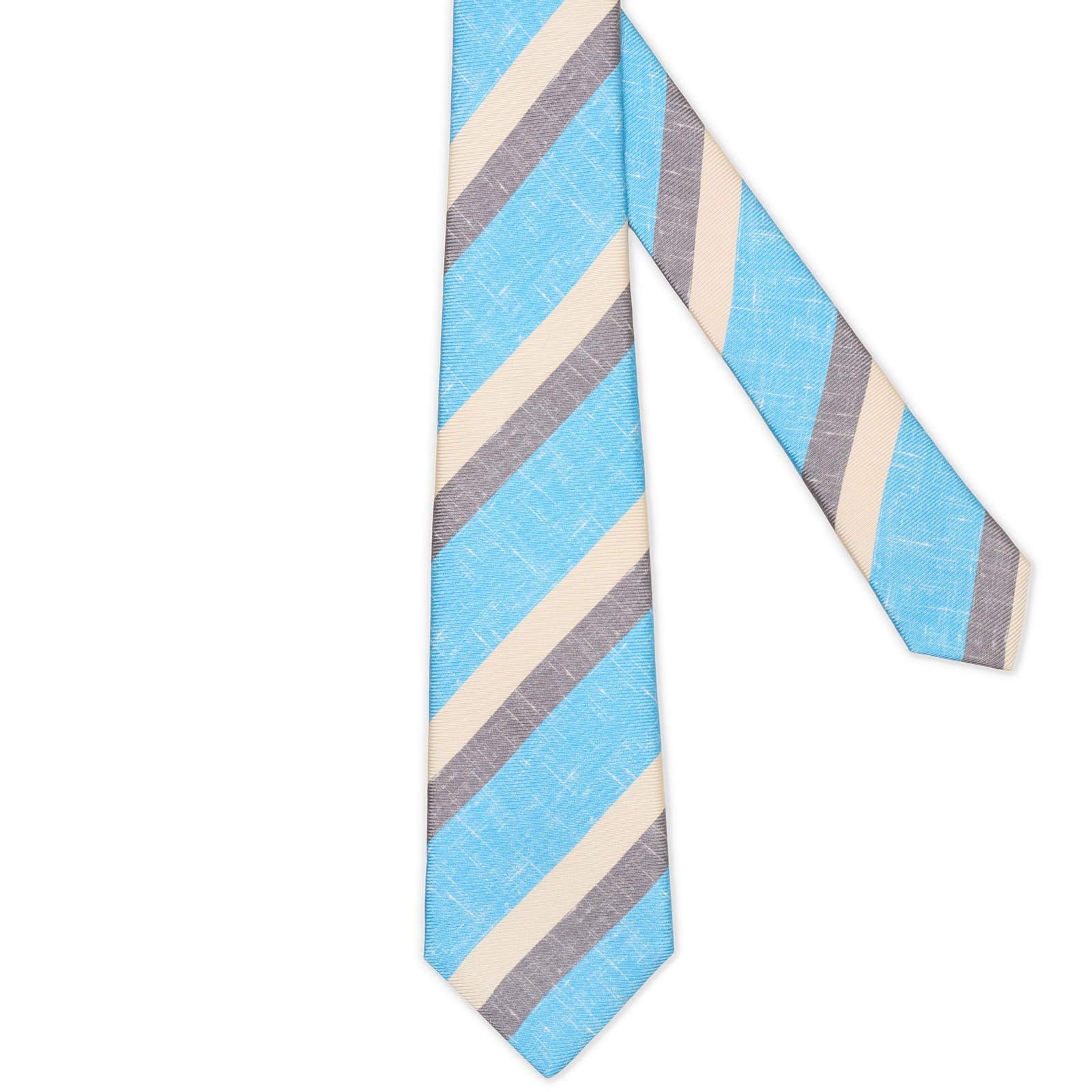KITON Blue-Gary-Beige Diagonal Striped Seven Fold Silk Tie NEW