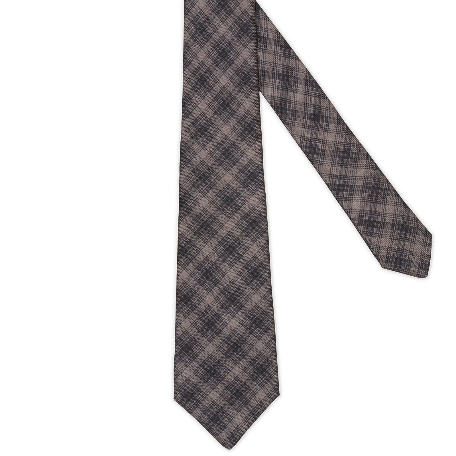KITON Dark Gray Plaid Seven Fold Silk Tie NEW