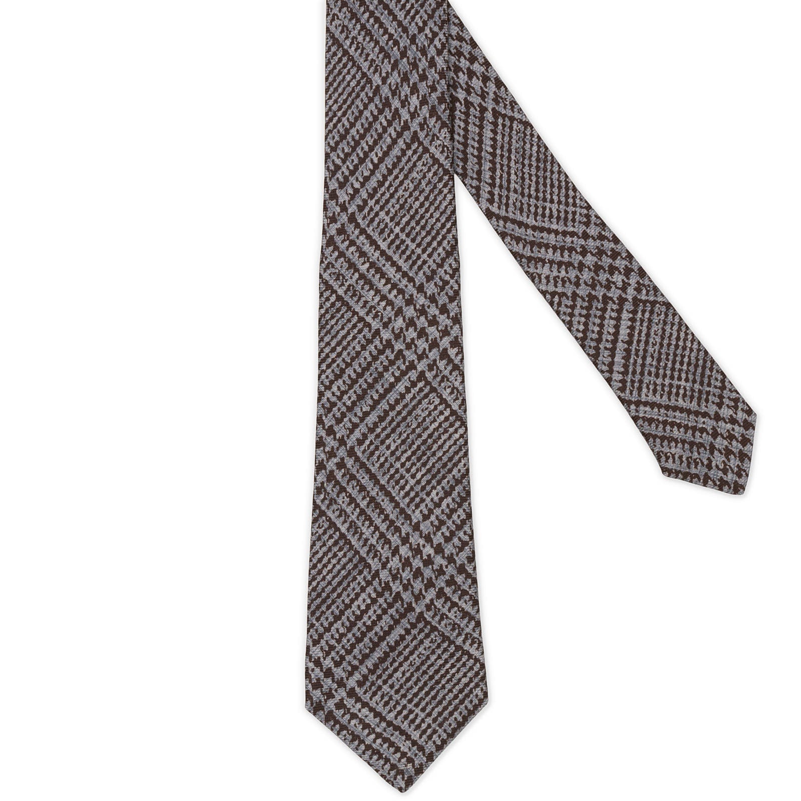 KITON Grey-Brown Plaid Seven Fold Silk Tie NEW