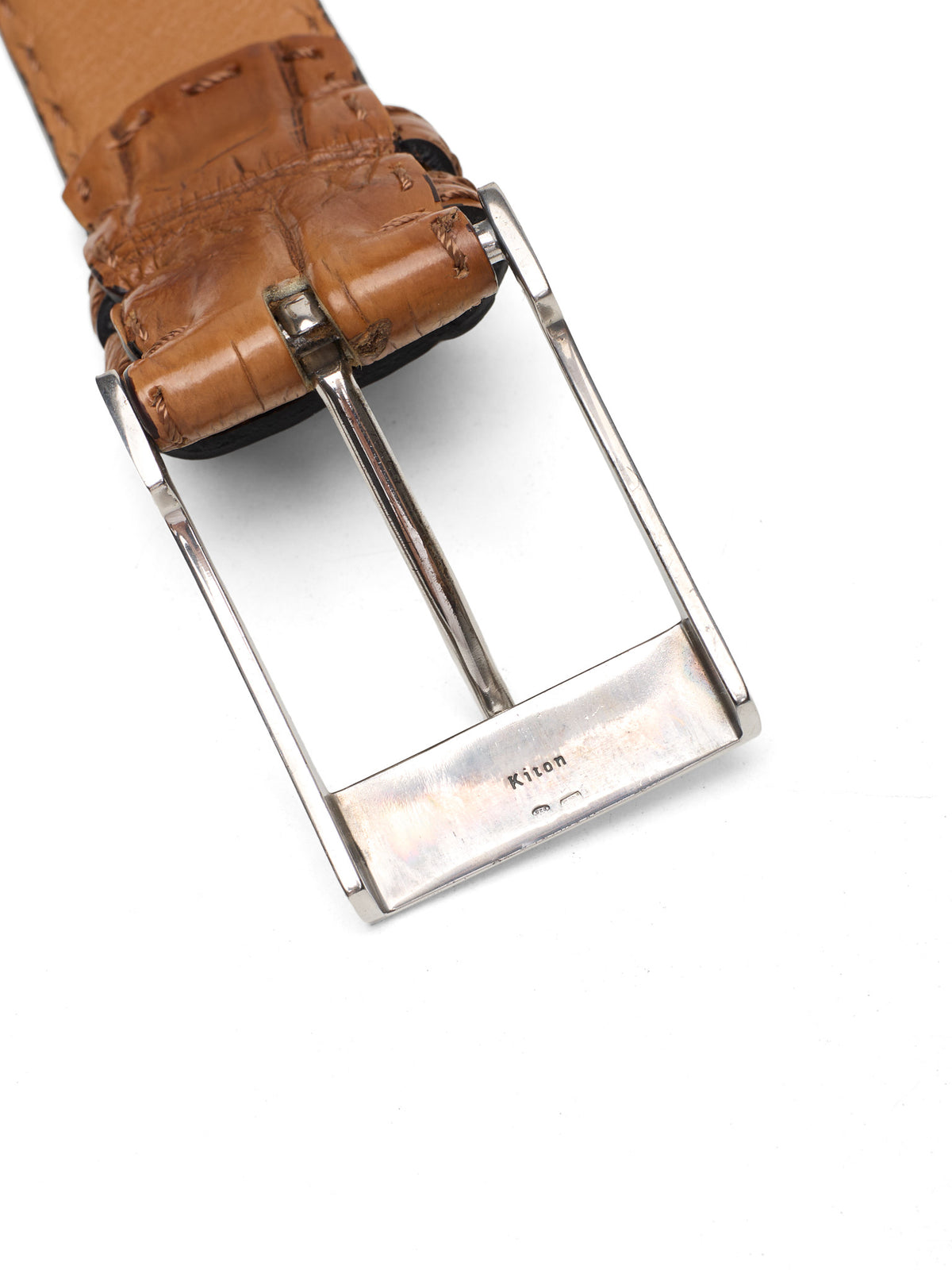 KITON Hand-Stitched Cognac Brown Crocodile Leather Sterling Silver Buckle Belt 95cm 38"