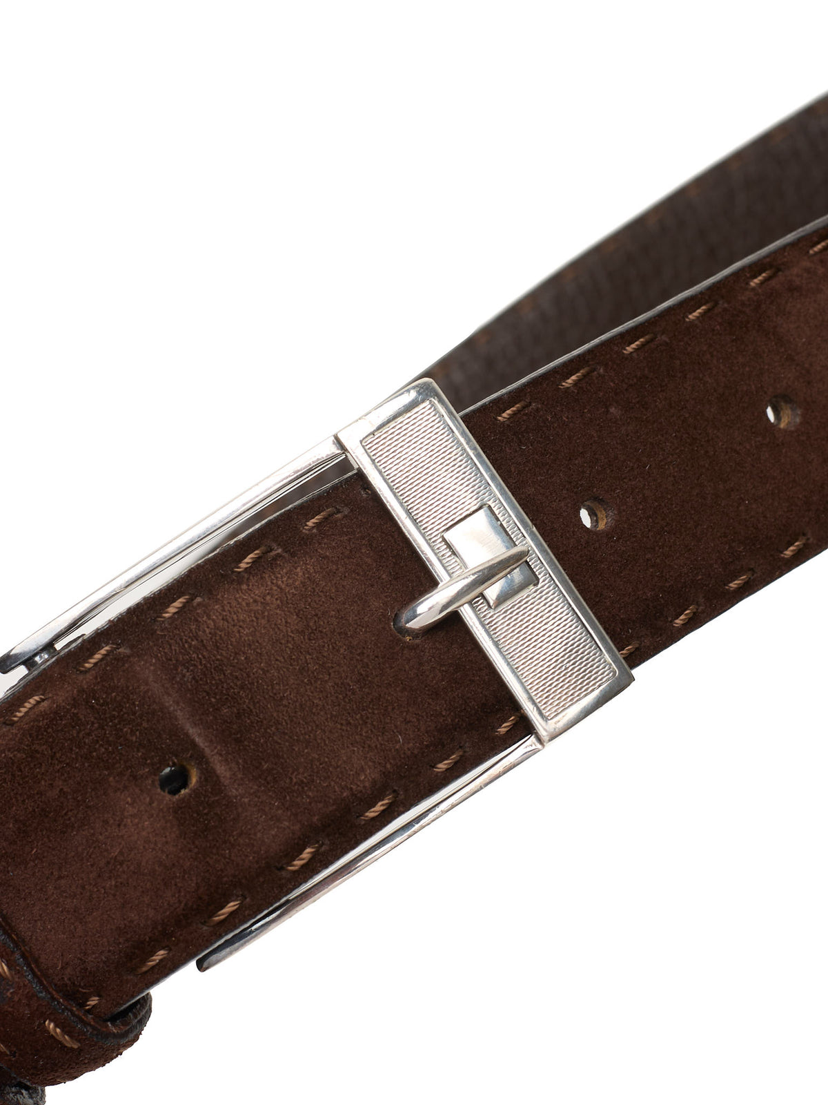 KITON Hand-Stitched Dark Brown Suede Leather Sterling Silver Buckle Belt 95cm 38"