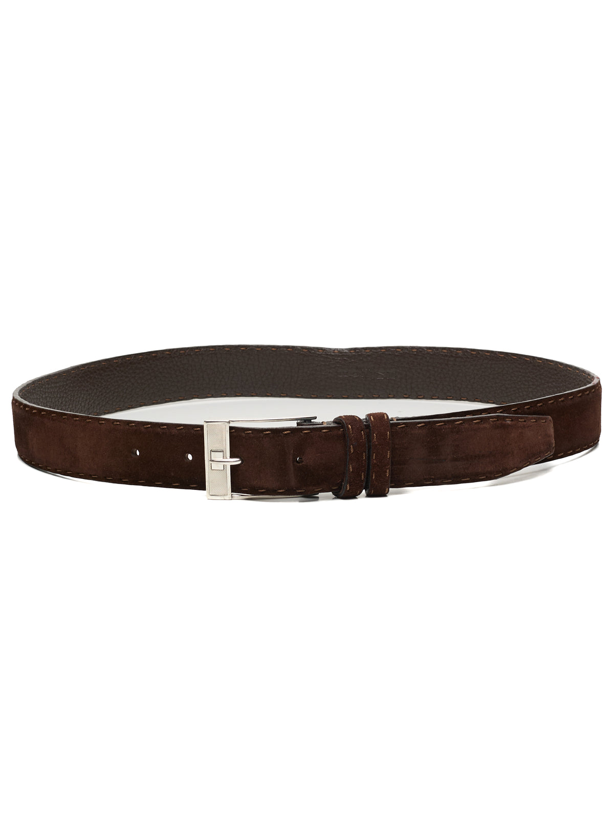 KITON Hand-Stitched Dark Brown Suede Leather Sterling Silver Buckle Belt 95cm 38"