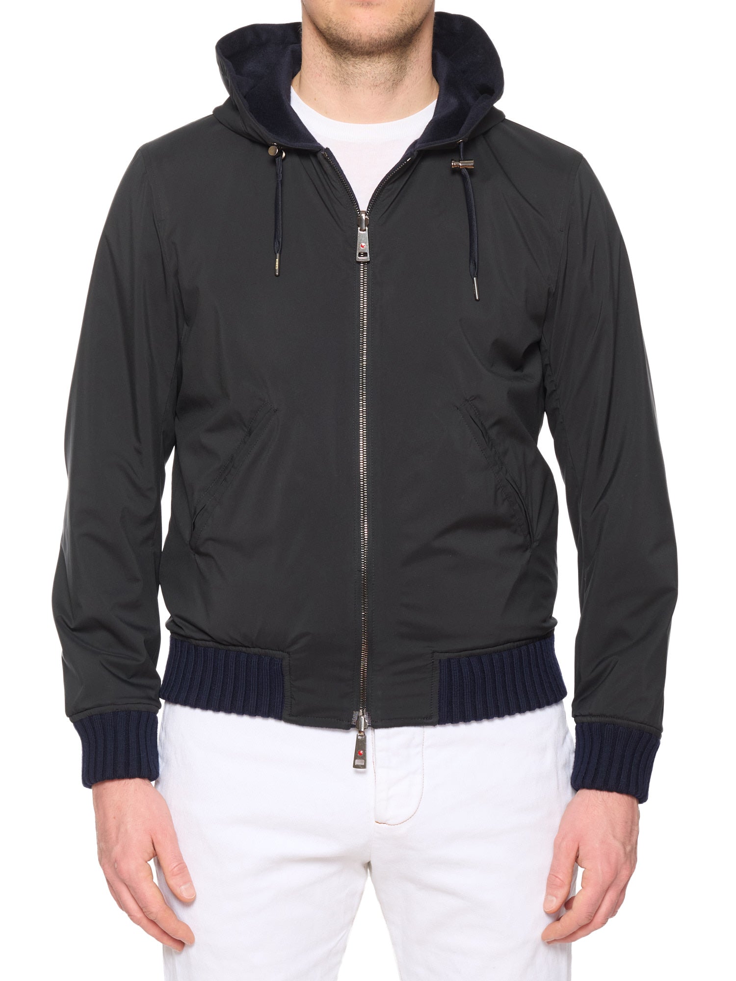 KITON KIRED "Barwa" Navy Cashmere Reversible Hooded Bomber Jacket