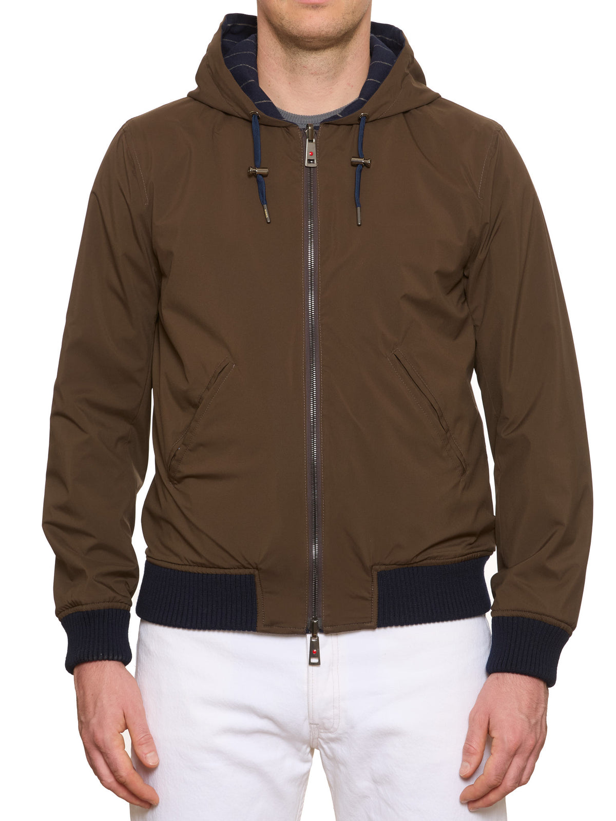 KITON KIRED "Barwa" Navy Chalkstripe Reversible Hooded Bomber Jacket