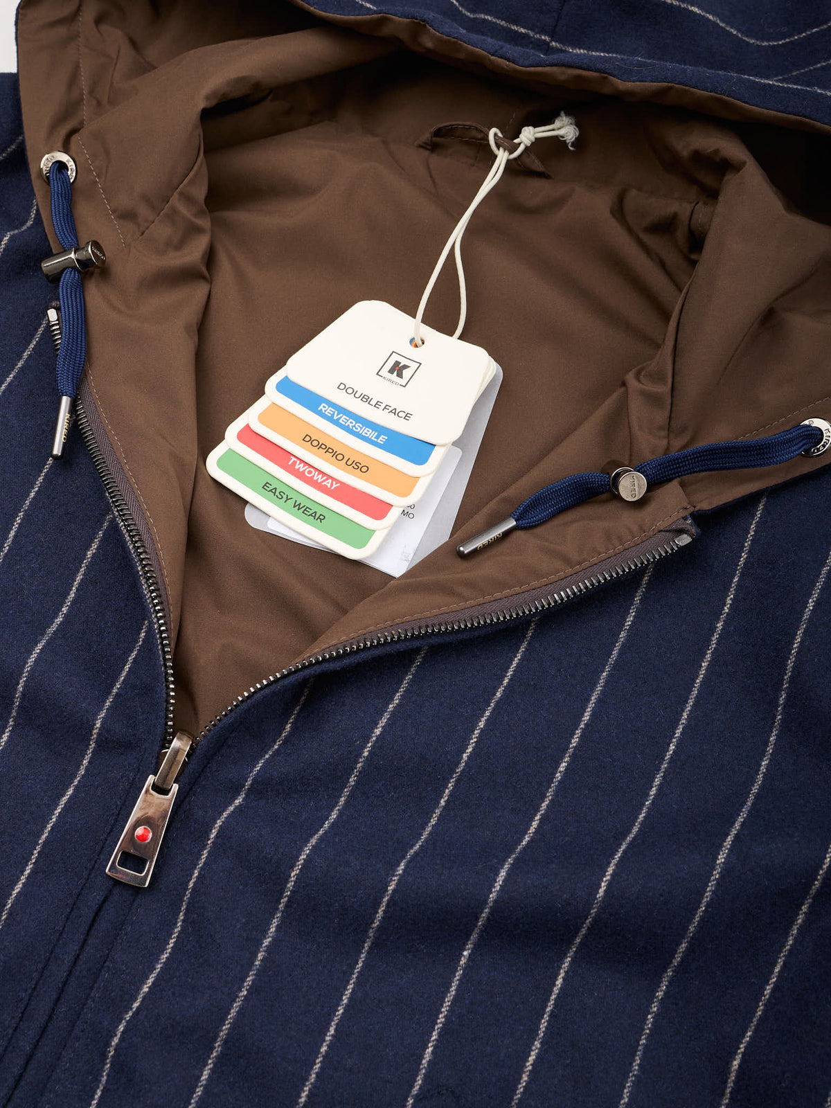 KITON KIRED "Barwa" Navy Chalkstripe Reversible Hooded Bomber Jacket