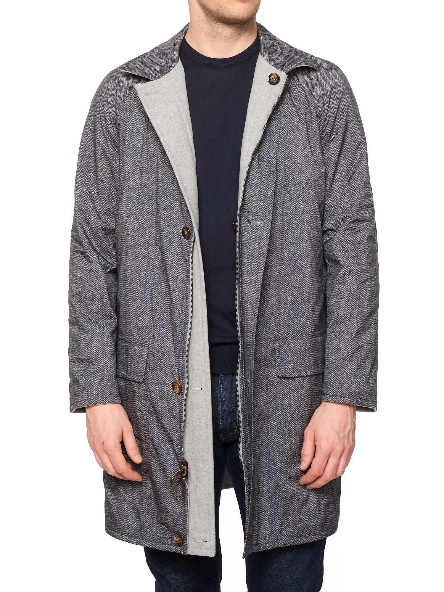 KITON KIRED "Ferru" Gray-Herringbone Reversible Double Face Coat 2026