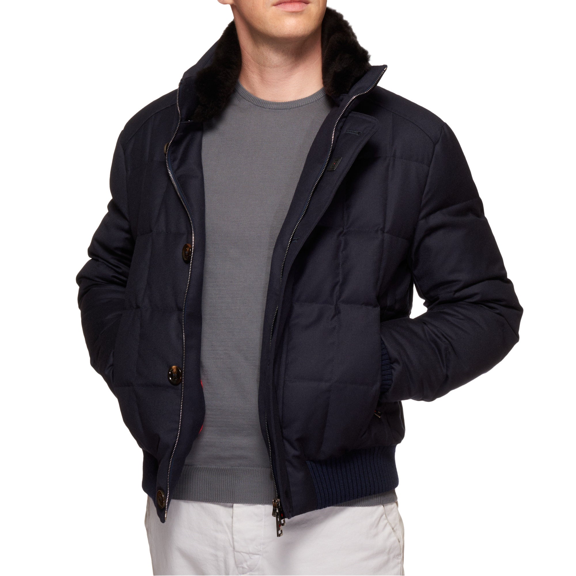 KITON KIRED "Nedap" Blue Wool-Cashmere Down Bomber Beaver Collar Puffer Jacket KIRED