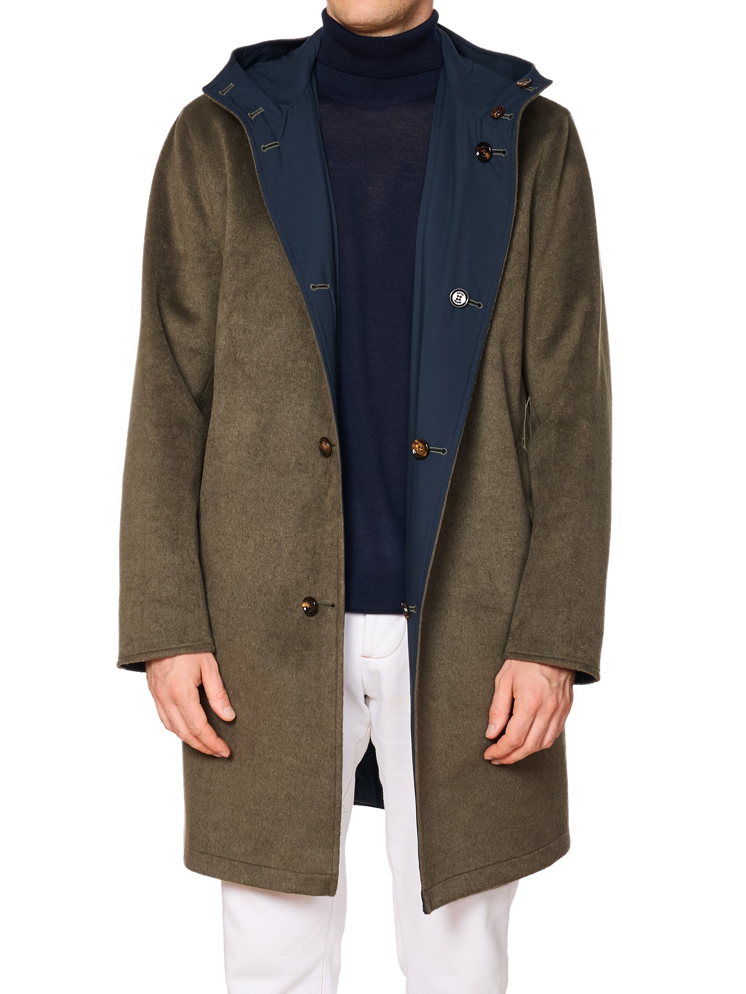 KITON KIRED "Peak" Olive-Blue Reversible Hooded Double Sided Coat NEW