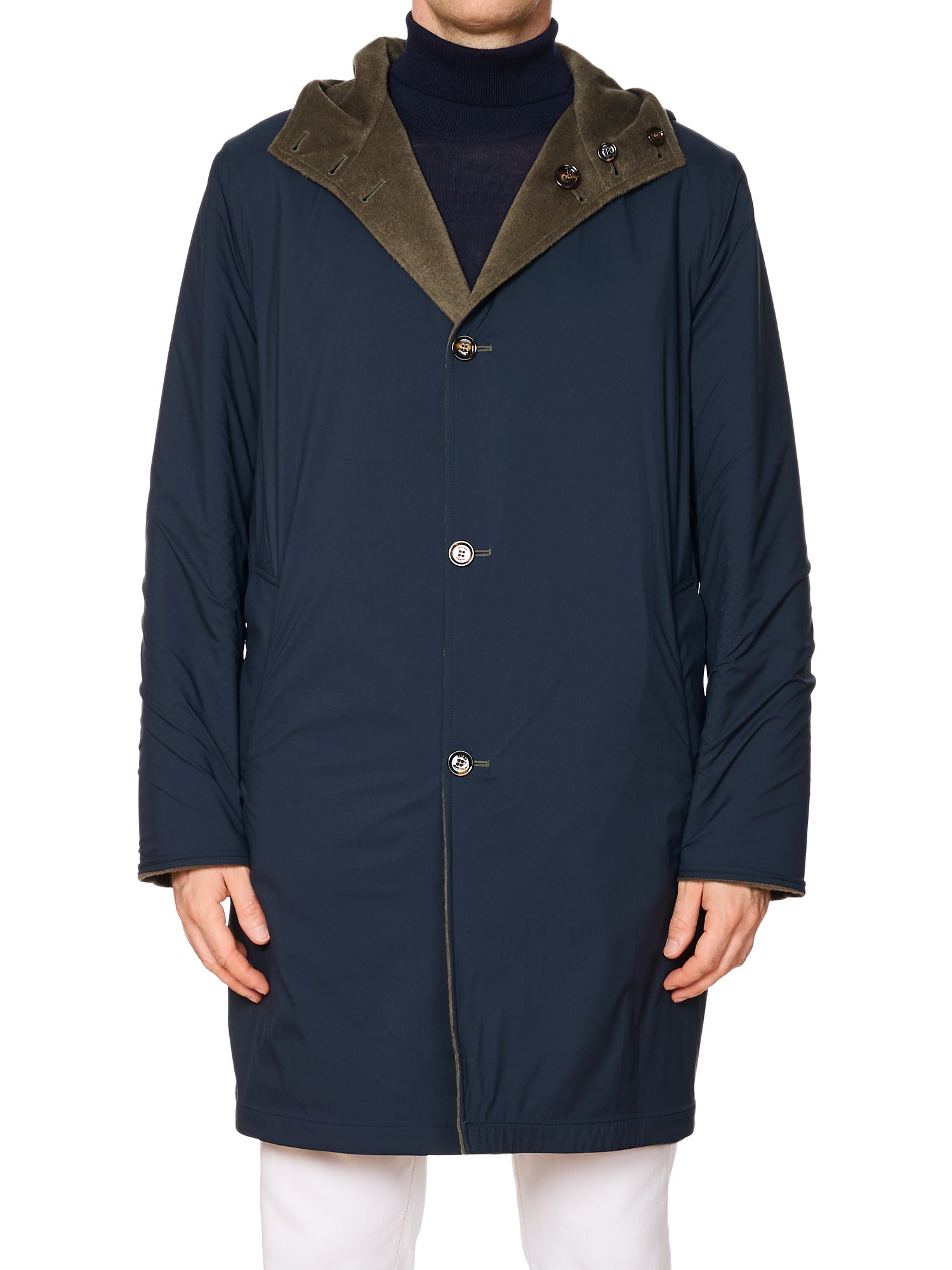 KITON KIRED "Peak" Olive-Blue Reversible Hooded Double Sided Coat NEW