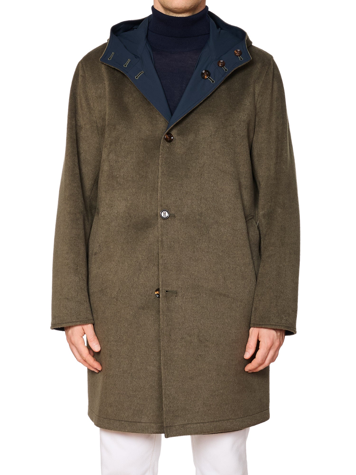 KITON KIRED "Peak" Olive-Blue Reversible Hooded Double Sided Coat NEW