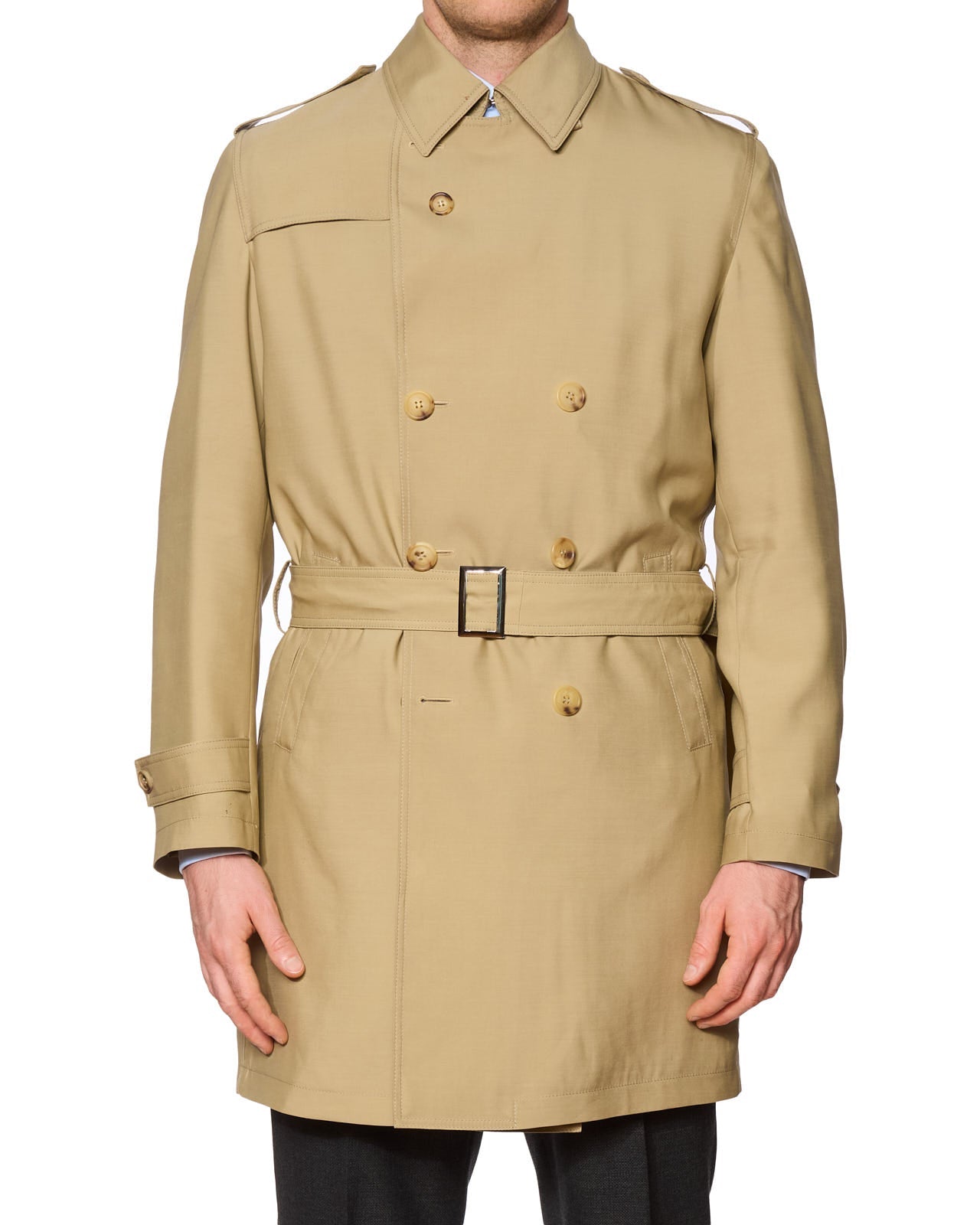 KITON Napoli Beige Wool DB Cashmere Lined Trench Coat EU 50 NEW US M Leather Trims