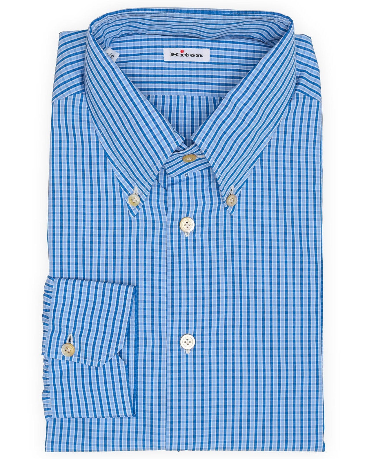 KITON Napoli Handmade Blue Plaid Poplin Cotton Dress Shirt EU 45 NEW US 18