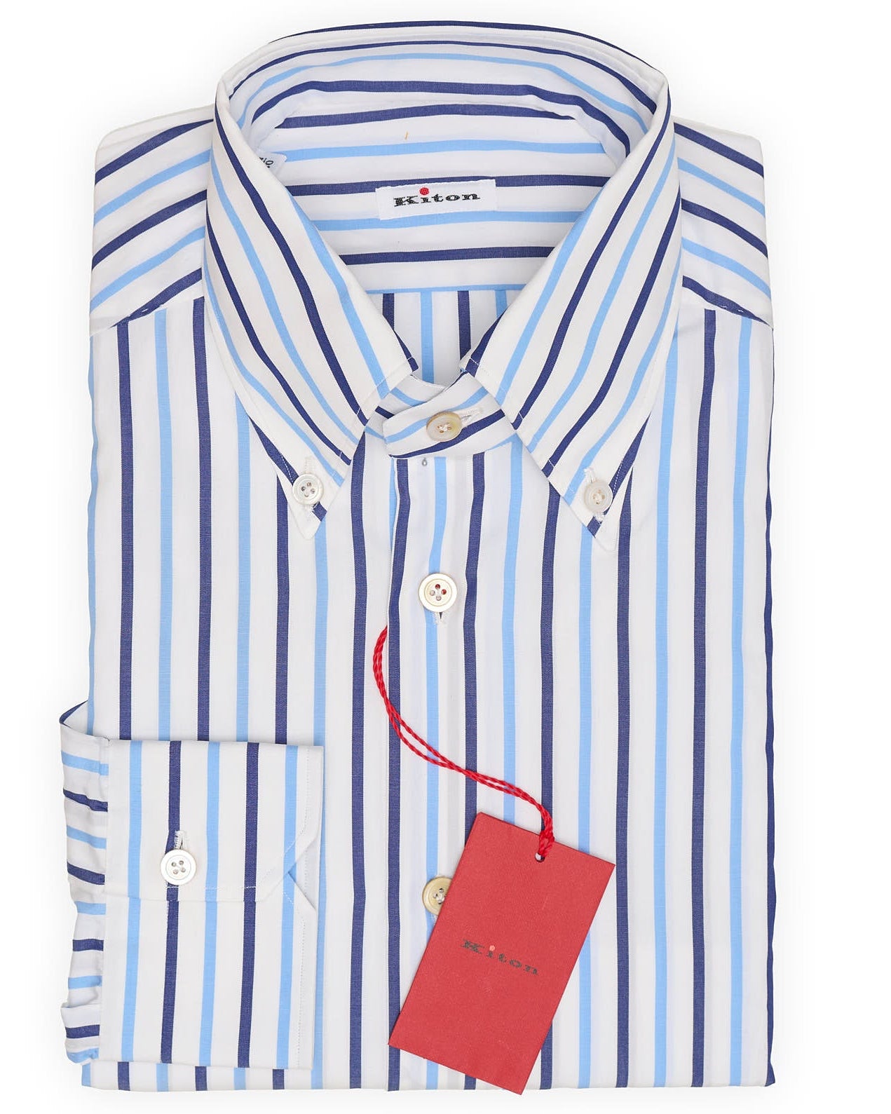 KITON Napoli Handmade Blue Striped Cotton Dress Shirt EU 40 NEW US 15.75