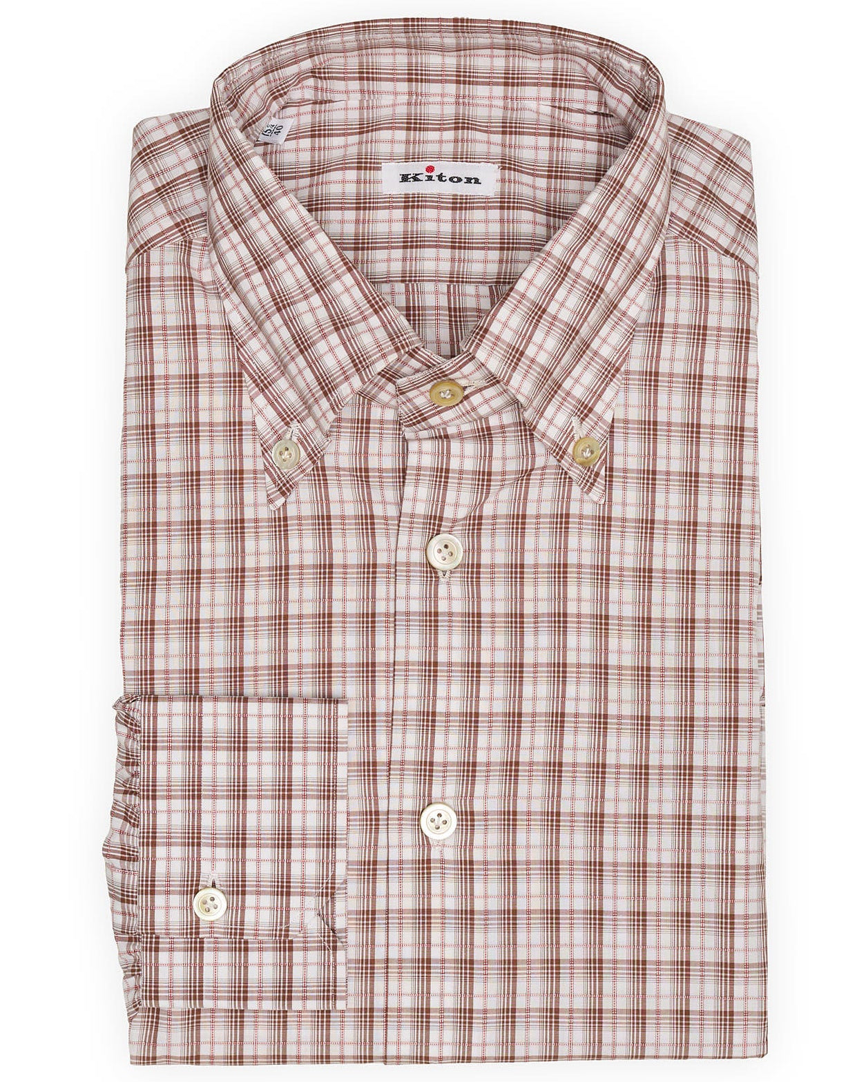 KITON Napoli Handmade Brown Plaid Button-Down Cotton Shirt NEW