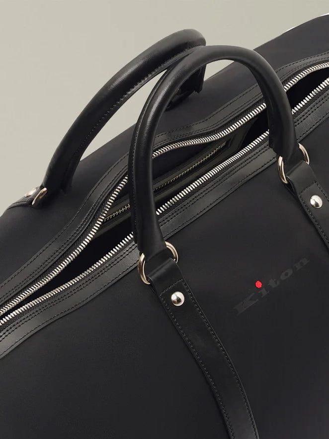 KITON Napoli Black Technical Textile Leather Trimmed Gym Duffle Bag
