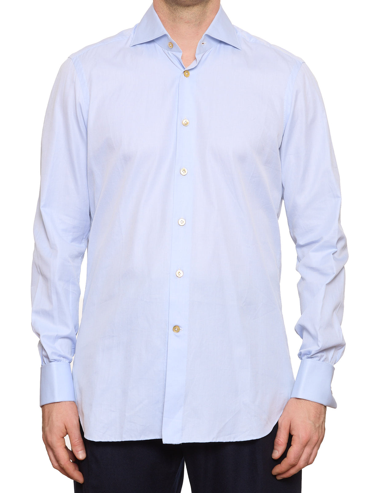 KITON Napoli Handmade Light Blue Twill Cotton French Cuff Dress Shirt