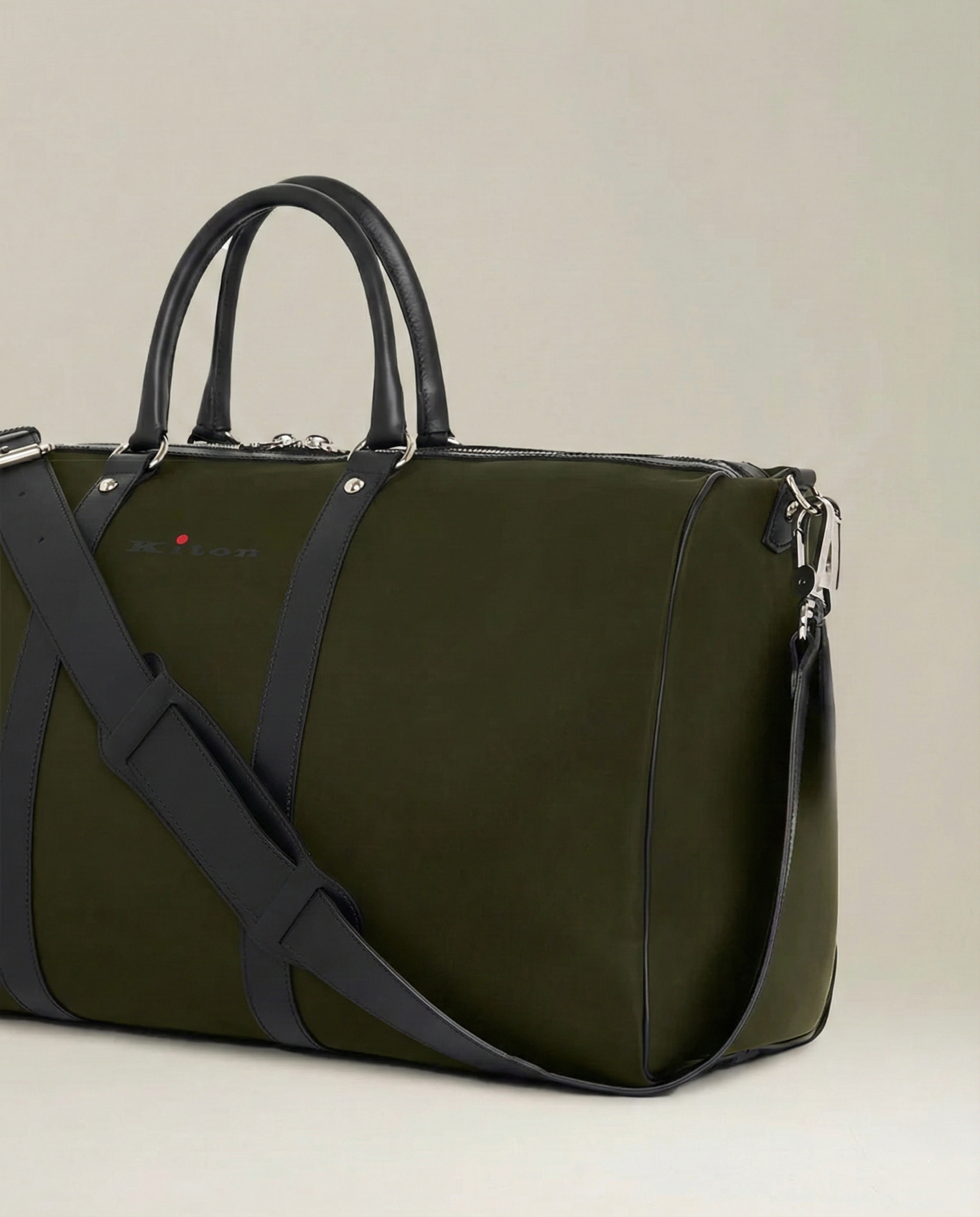 KITON Military Olive Green Leather Trimmed Gym Duffle Bag
