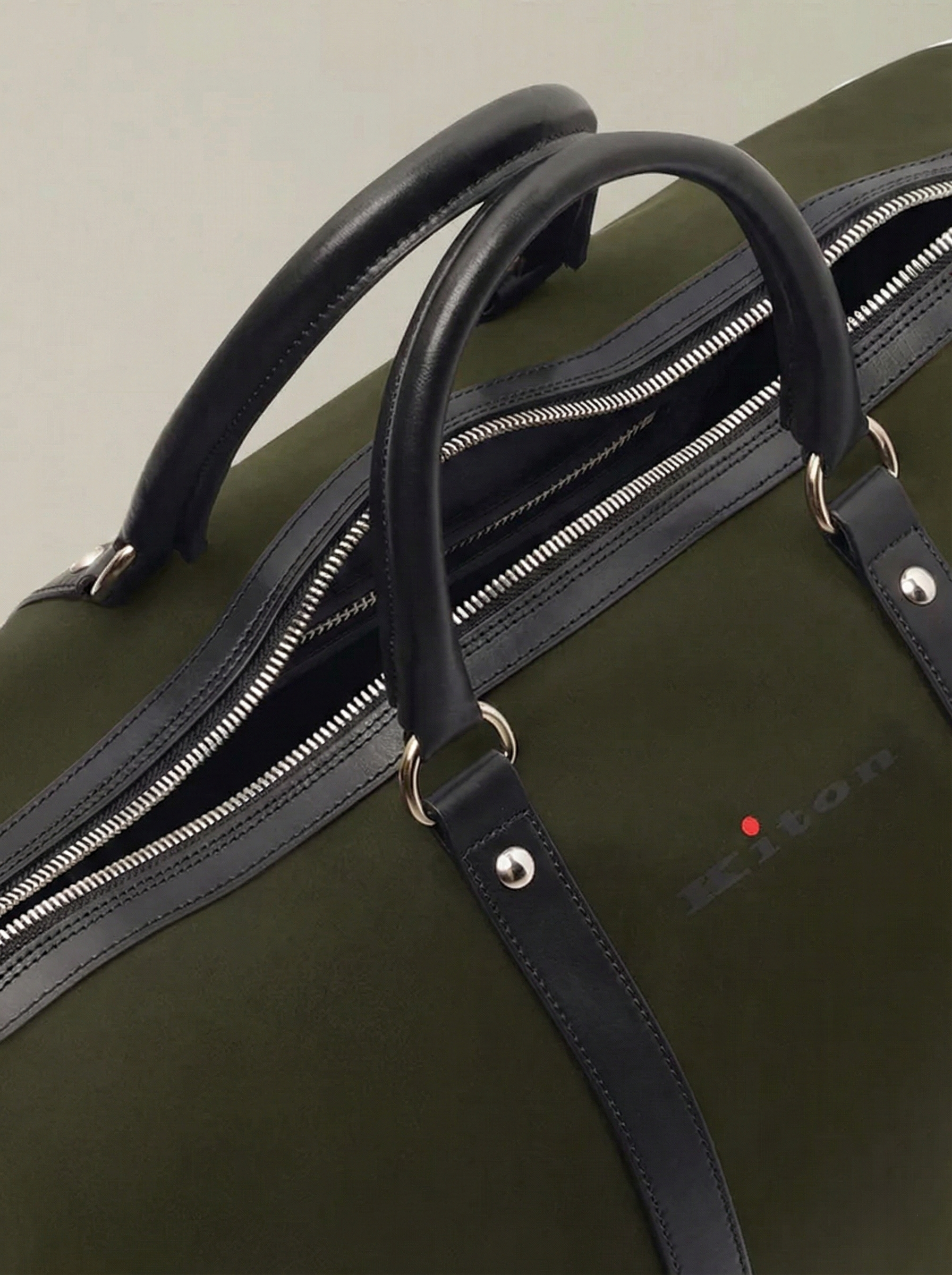 KITON Military Olive Green Leather Trimmed Gym Duffle Bag