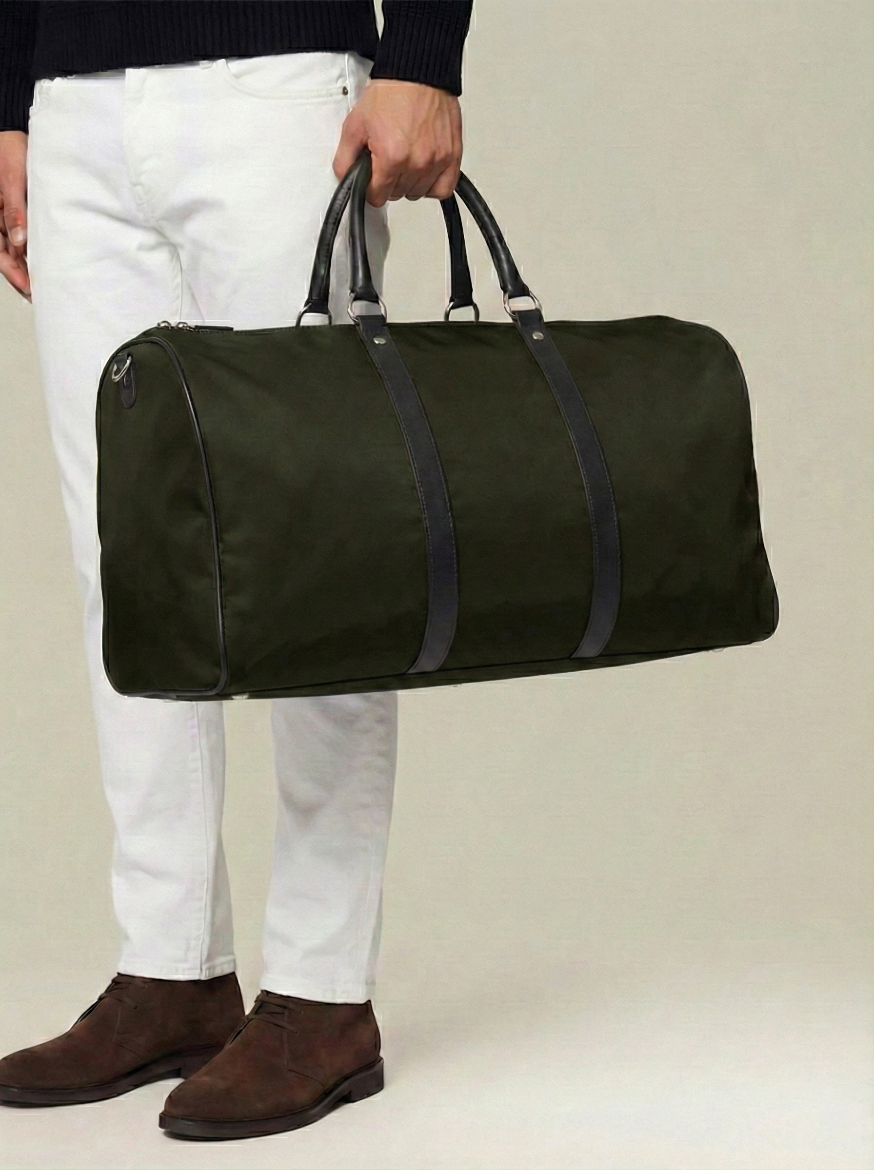 KITON Military Olive Green Leather Trimmed Gym Duffle Bag