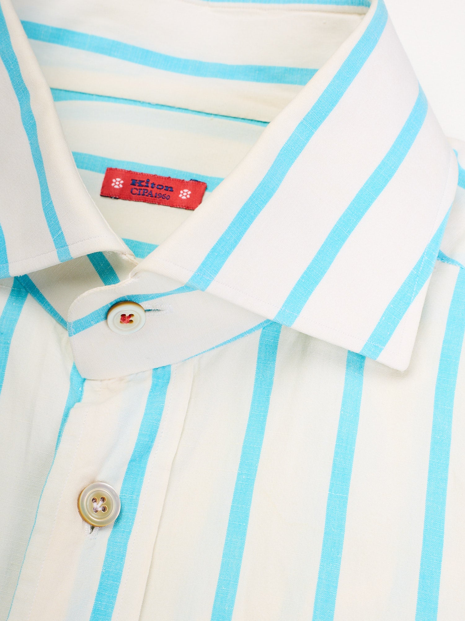 KITON "CIPA 1960" Cotton-Linen Azure Striped Dress Shirt EU 42 US 16.5