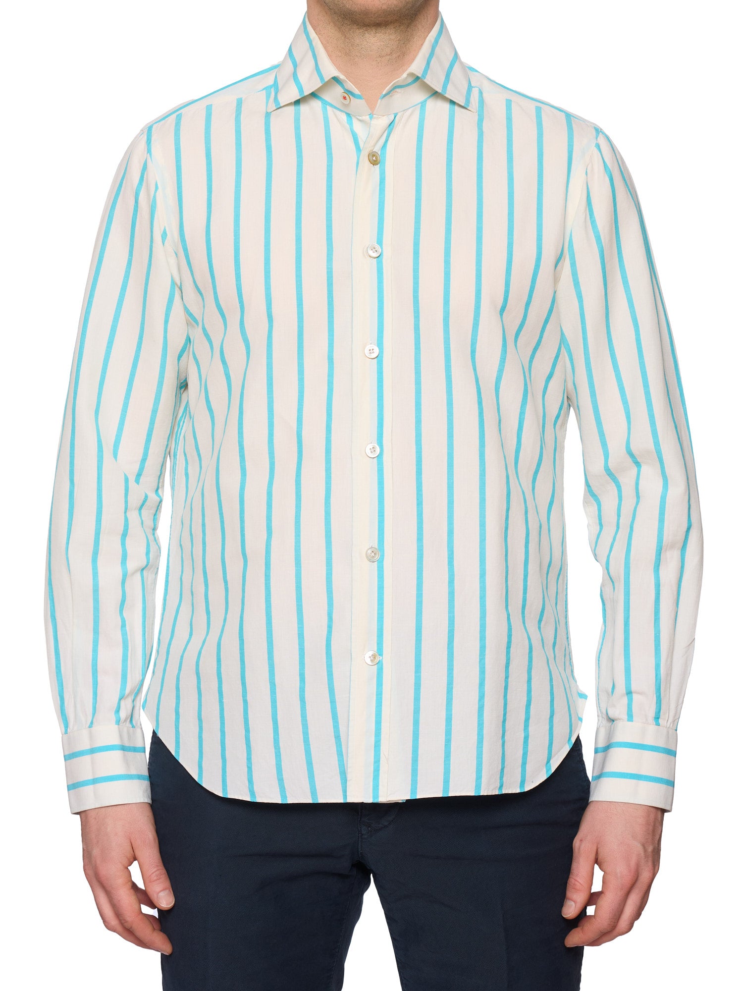 KITON "CIPA 1960" Cotton-Linen Azure Striped Dress Shirt EU 42 US 16.5