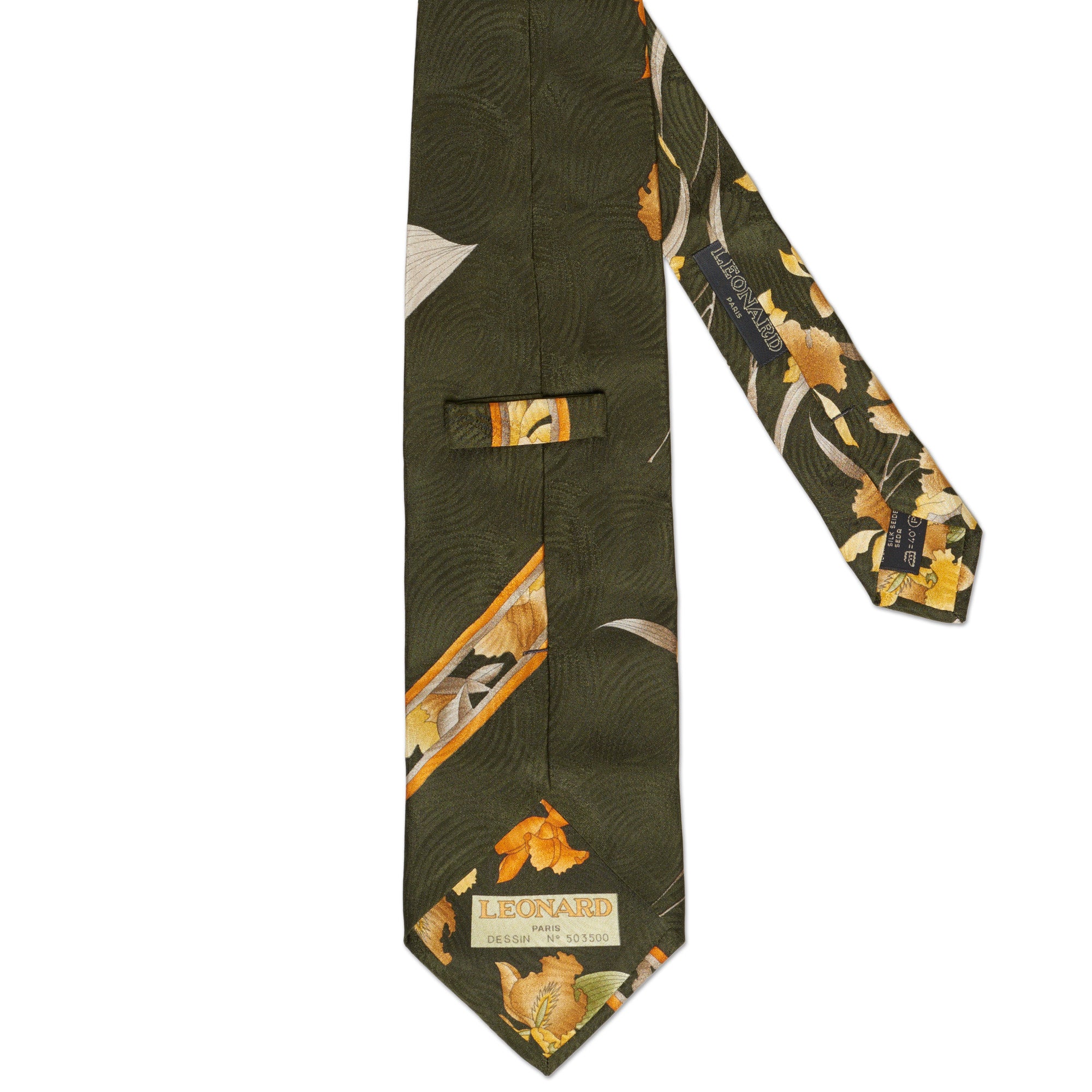 Vintage LEONARD Paris Handmade Green Floral Design Silk Tie LEONARD