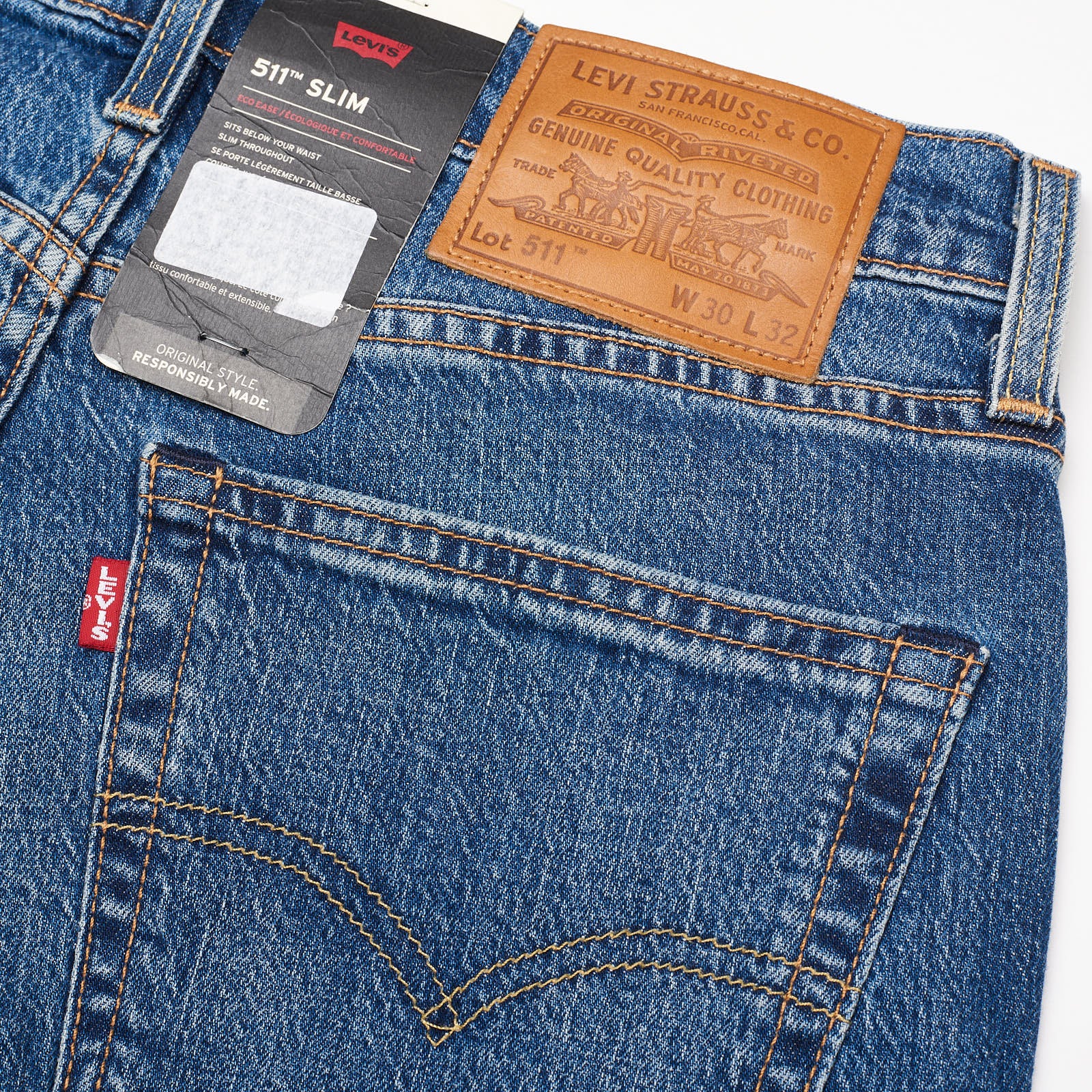 LEVI'S Premium 511 Slim Eco Ease Blue Big E Denim Jeans NEW W30 L32