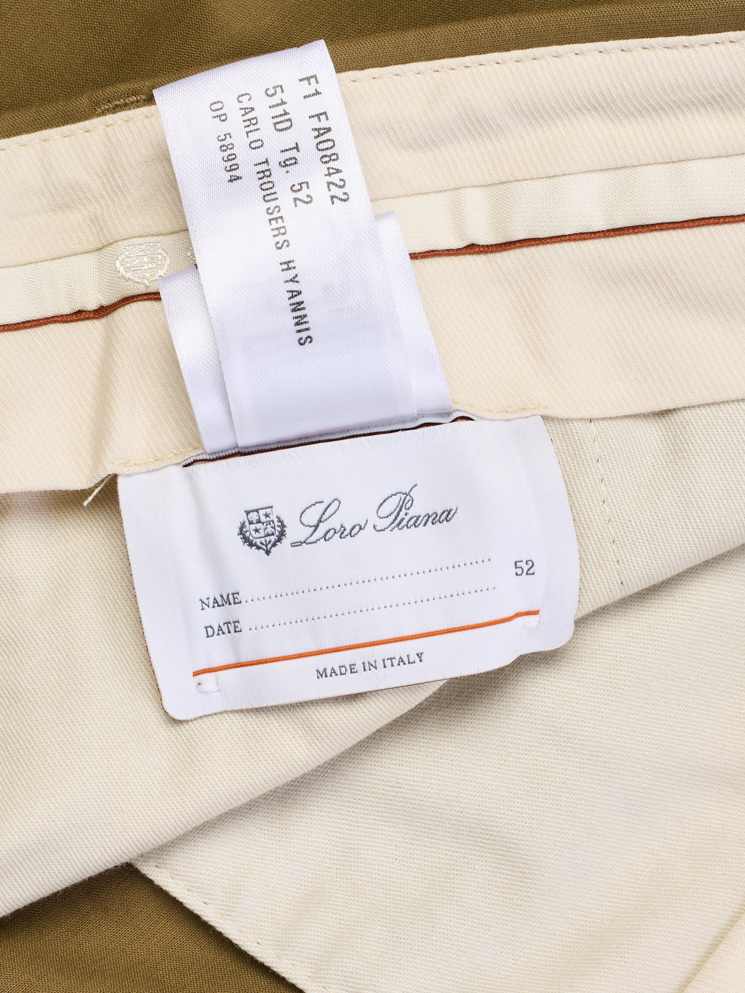 LORO PIANA Carlo Cotton Dusty Khaki Carlo Trousers Hyannis Slim Fit Stretch