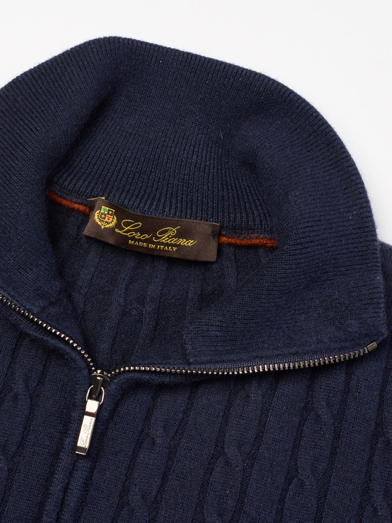 LORO PIANA Navy Cable Knit Cashmere-Cotton Half-Zip Sweater Size S