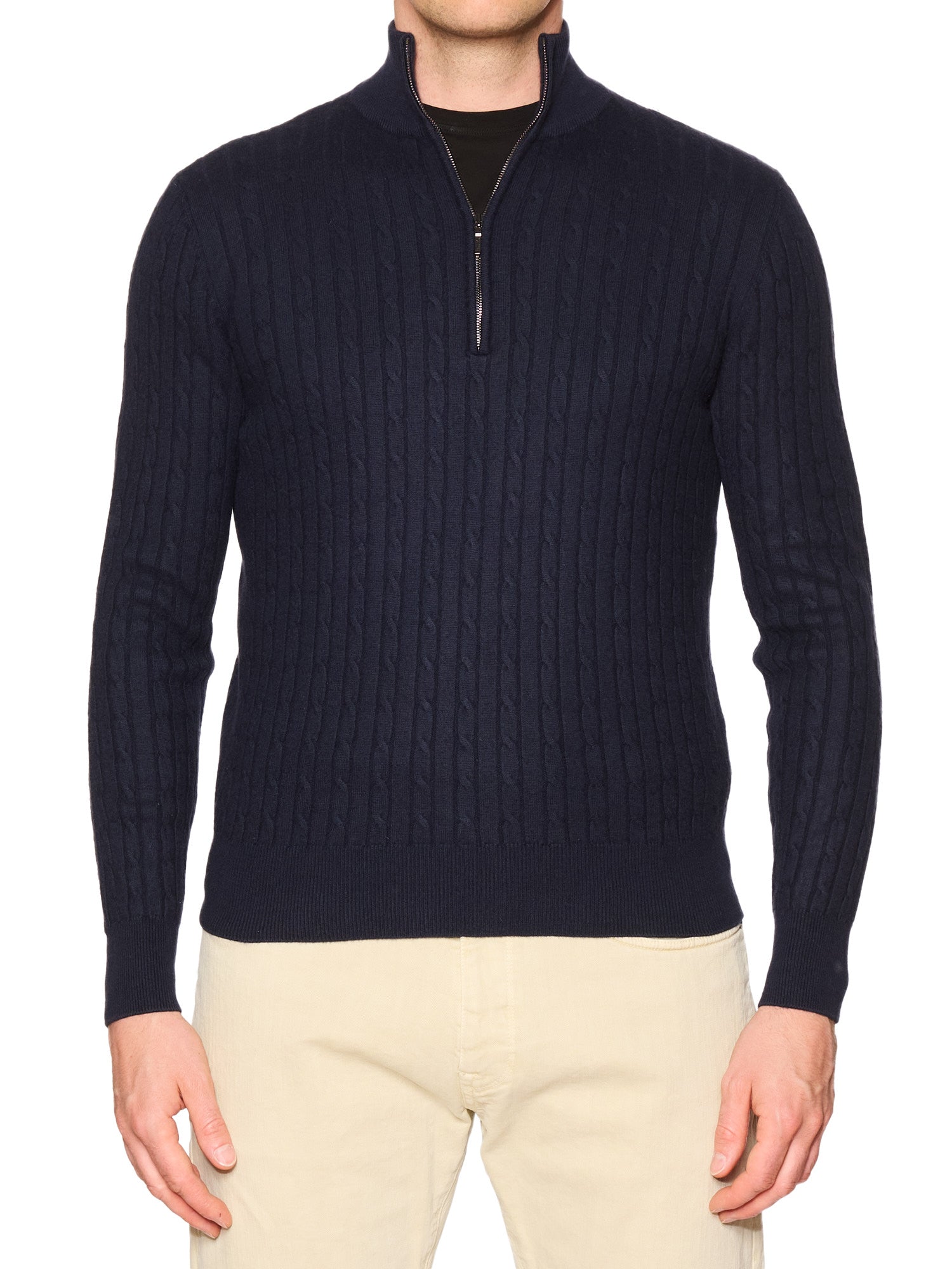 LORO PIANA Navy Cable Knit Cashmere-Cotton Half-Zip Sweater Size S