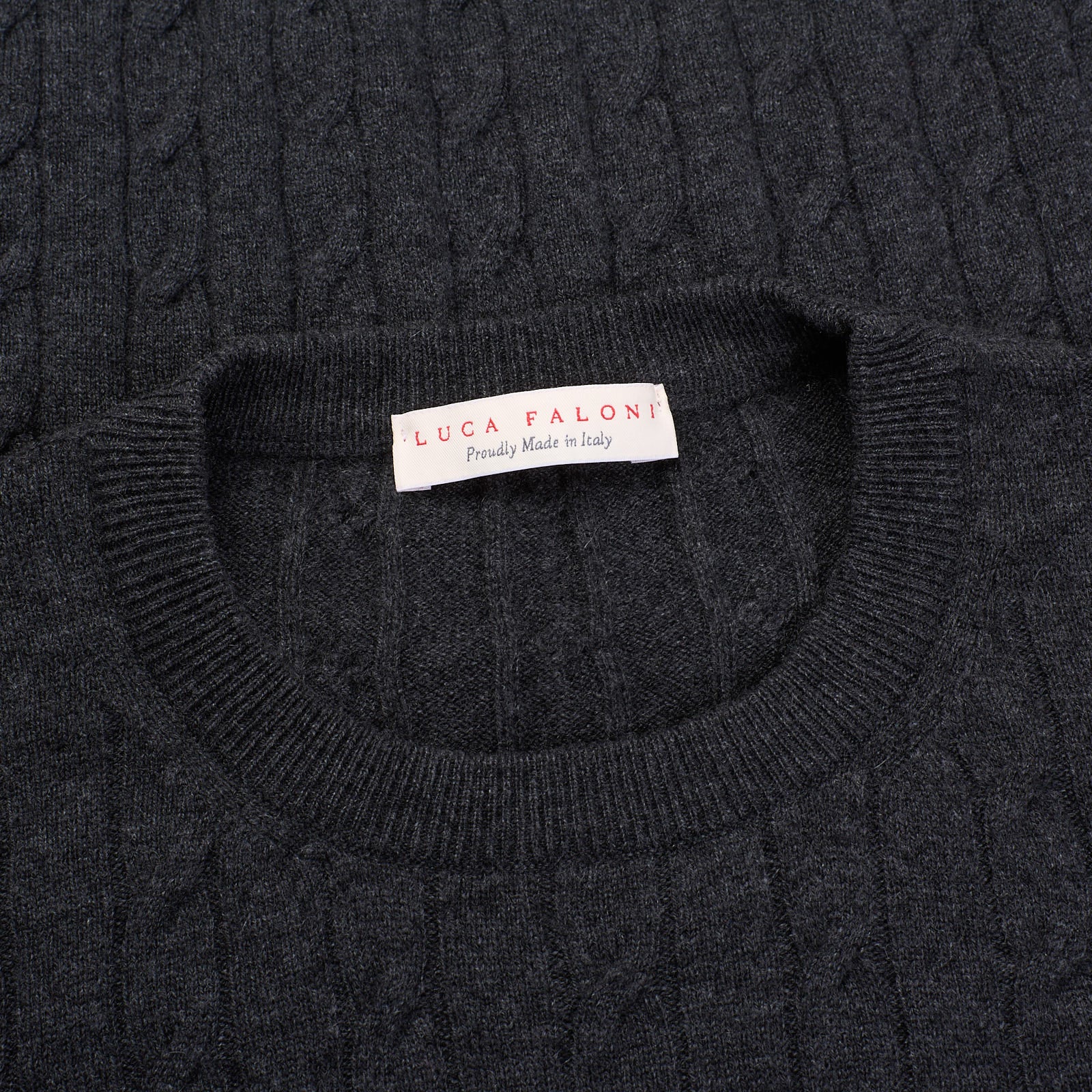 LUCA FALONI Charcoal Gray Cashmere Cable Knit Crewneck Sweater NEW SLIM L XL