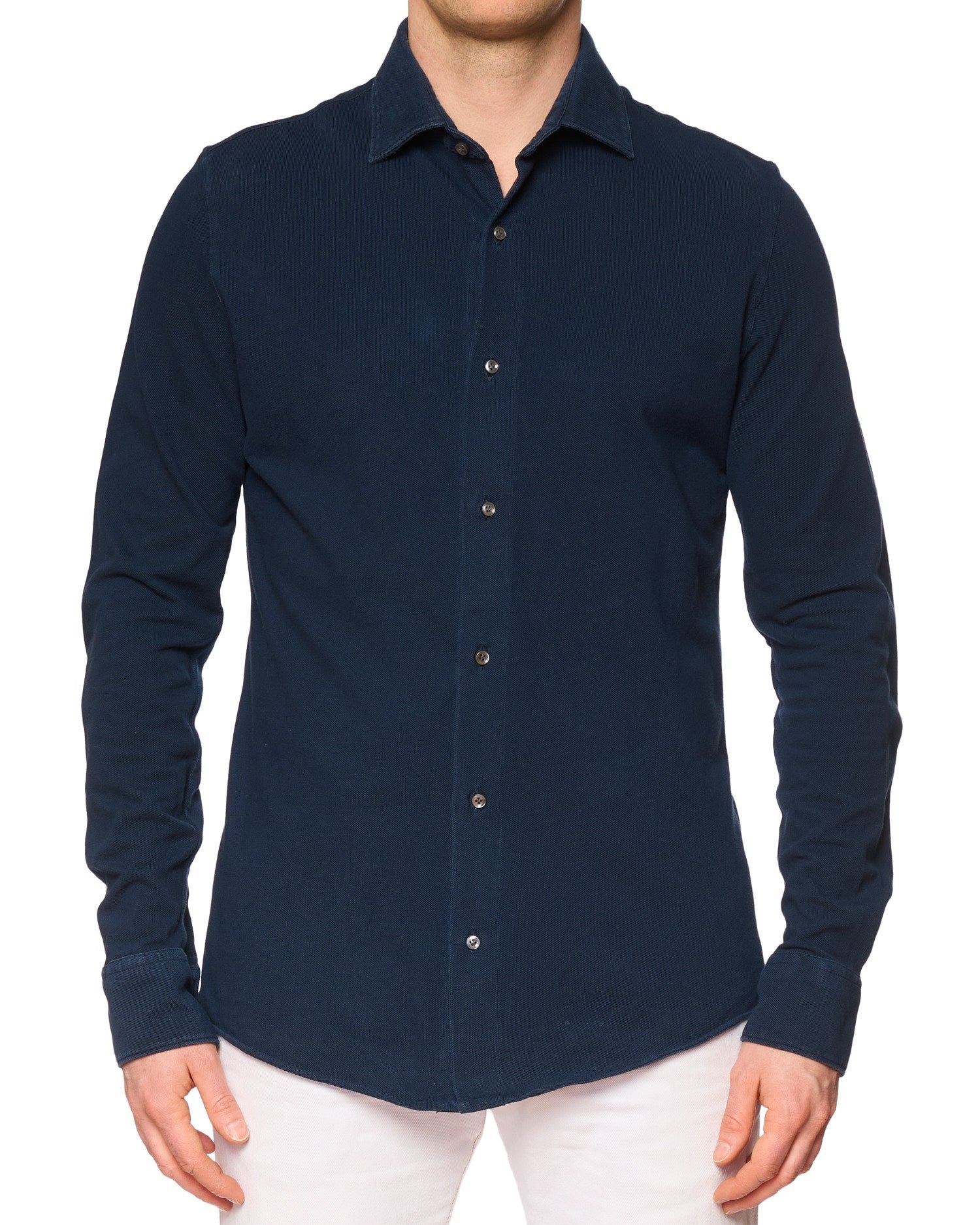 LUCA FALONI Navy Blue Cotton Picquet Long Sleeve Polo Shirt EU 41 US 16