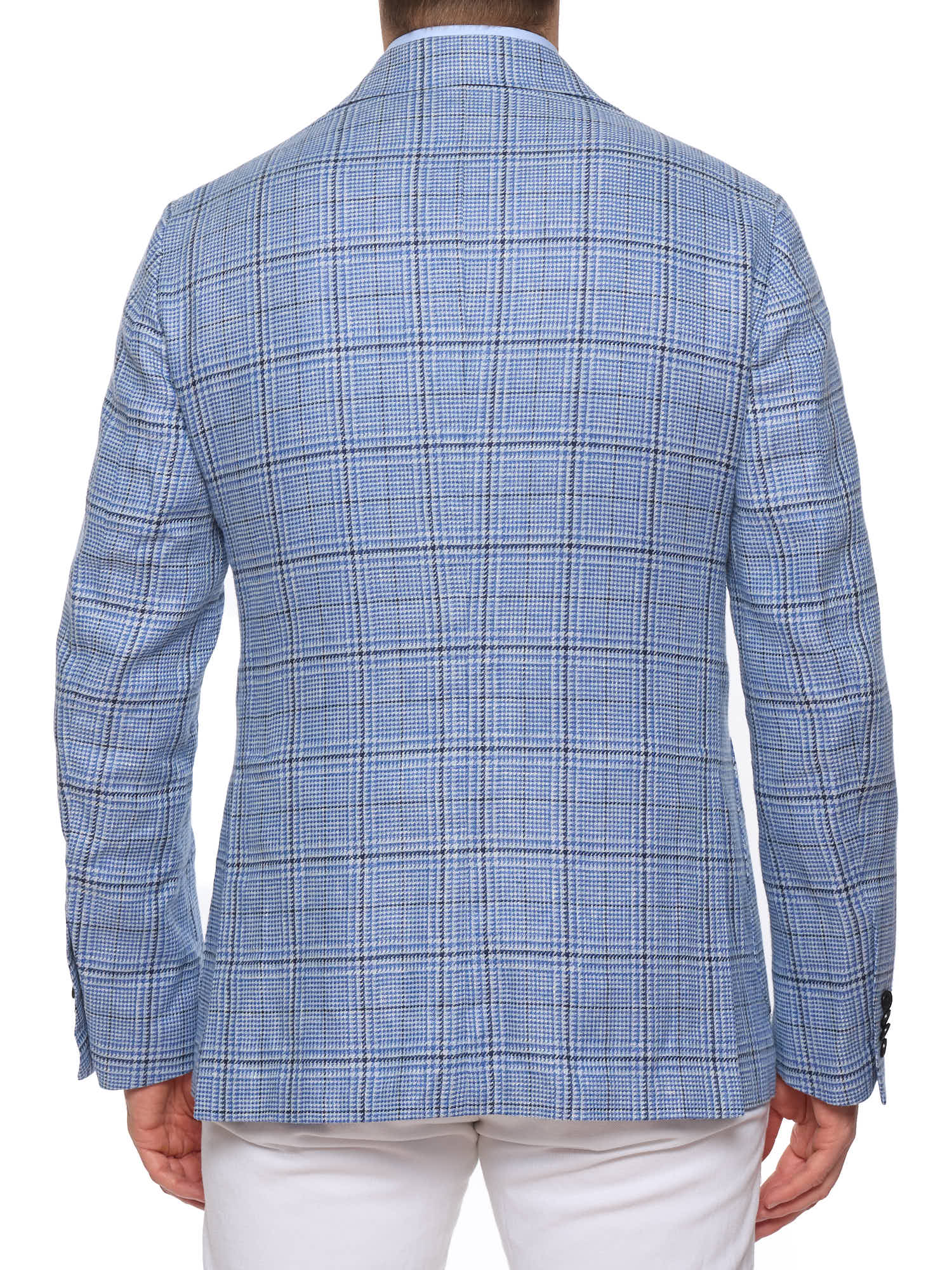 LUIGI BORELLI Napoli Handmade Blue Shepherd's Check Wool-Silk-Linen Jacket