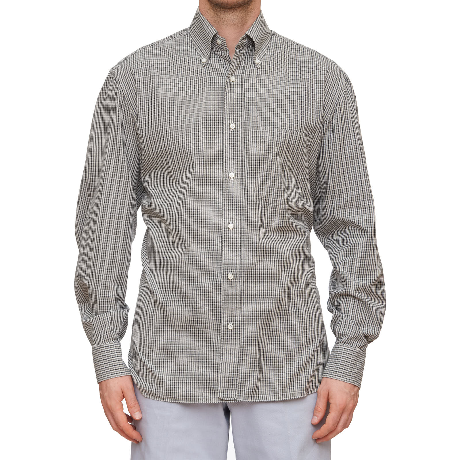 LUIGI BORRELLI Gray Gun Club Check Cotton Button-Down Shirt EU 39 US 15.5 Classic Fit