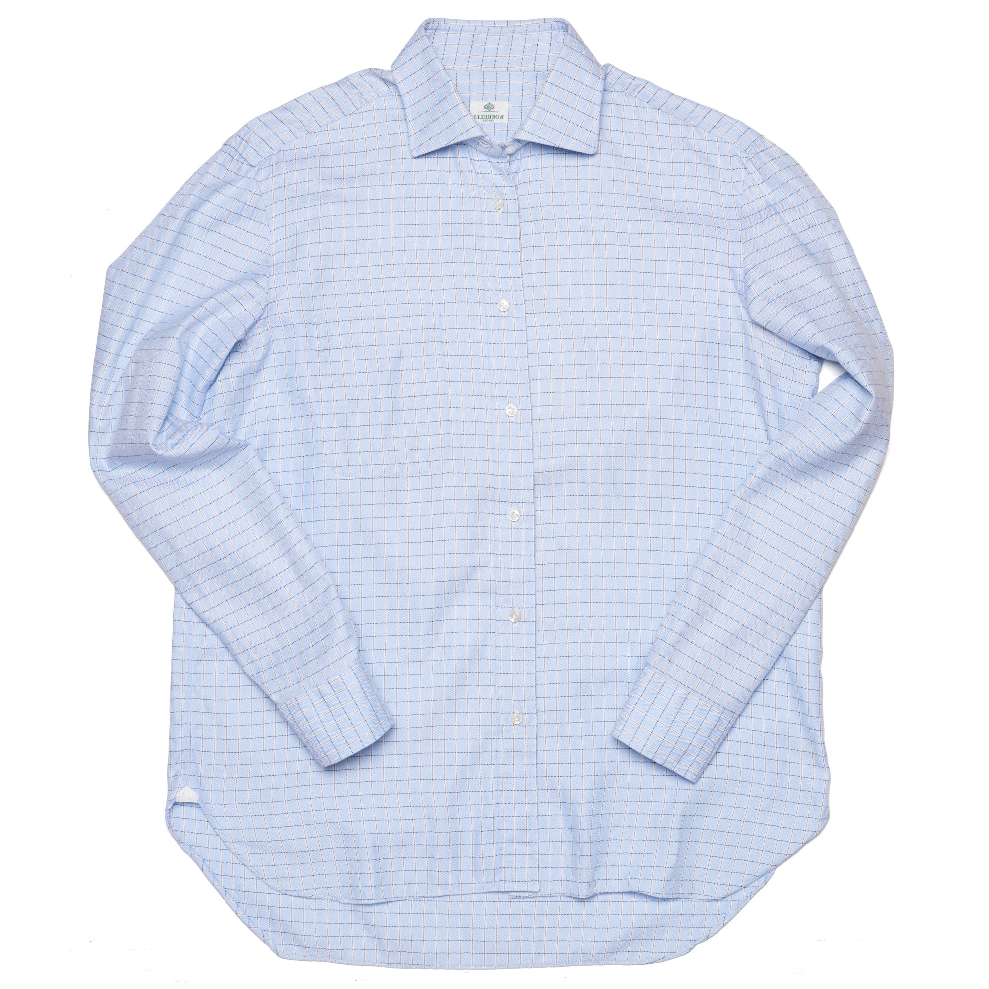 LUIGI BORRELLI Napoli Blue Herringbone Checked Cotton Dress Shirt EU 41 US 16 LUIGI BORRELLI