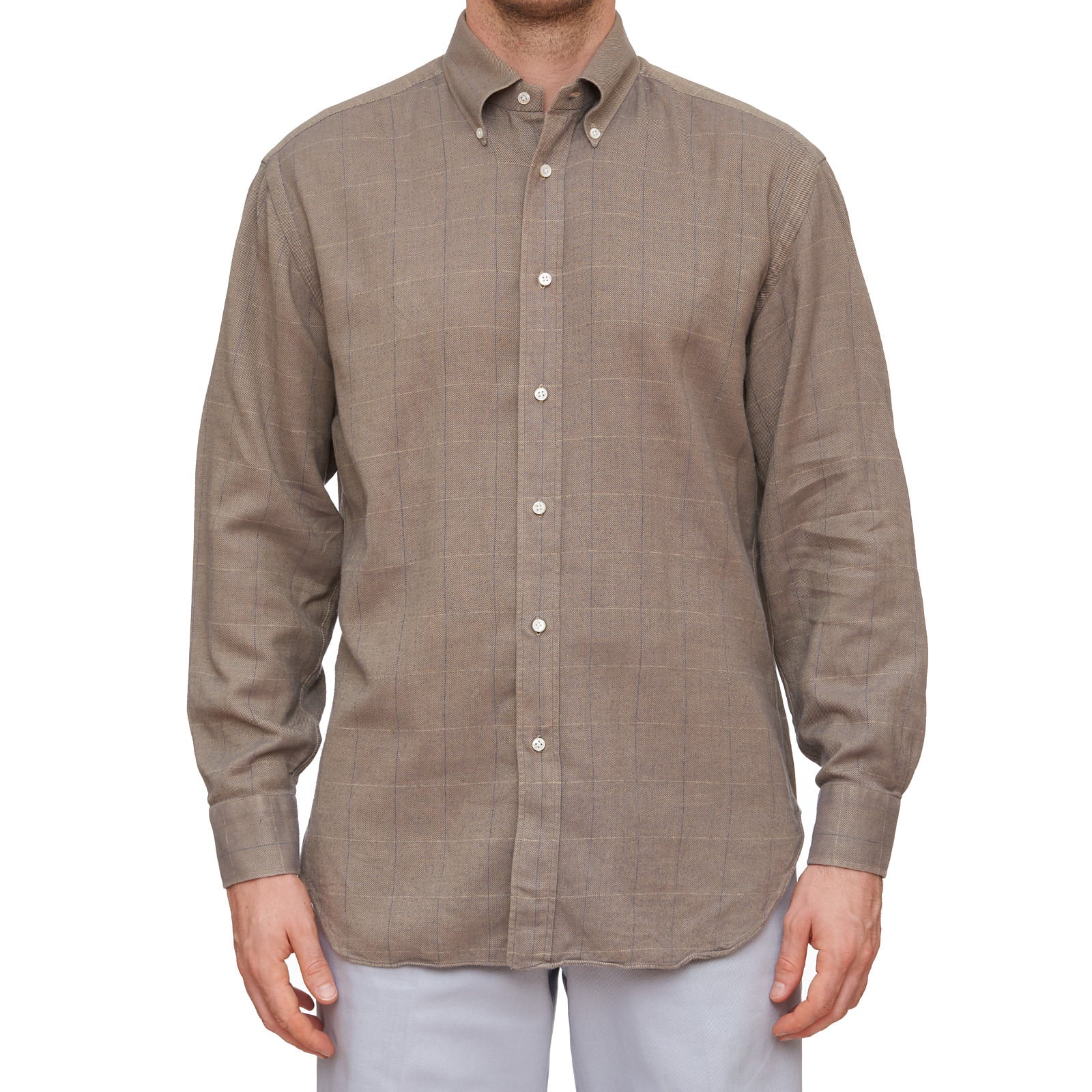 LUIGI BORRELLI Handmade Taupe Flannel Button-Down Shirt EU 41 US 16 LUIGI BORRELLI