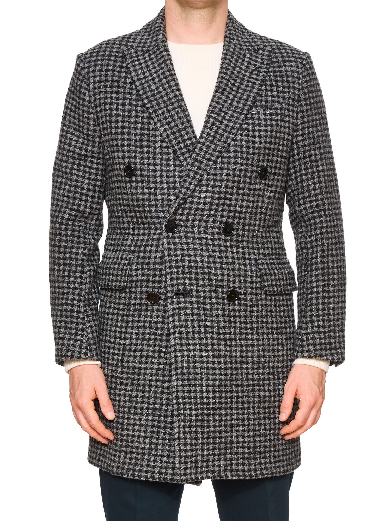 LUIGI BORRELLI Napoli "Roma" Gray Houndstooth Wool-Cotton Overcoat NEW
