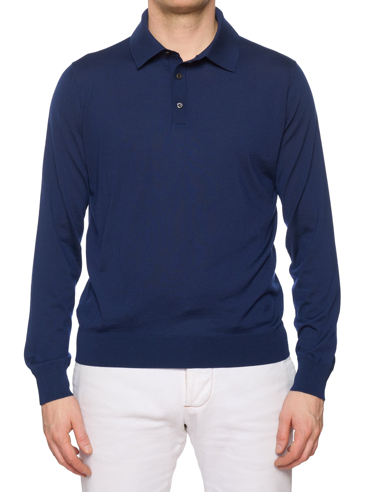 MANRICO CASHMERE Medieval Blue Cashmere-Wool-Silk Long Sleeve Polo Shirt