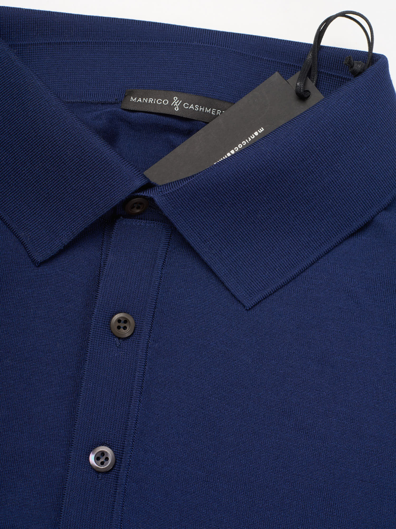 MANRICO CASHMERE Medieval Blue Cashmere-Wool-Silk Long Sleeve Polo Shirt