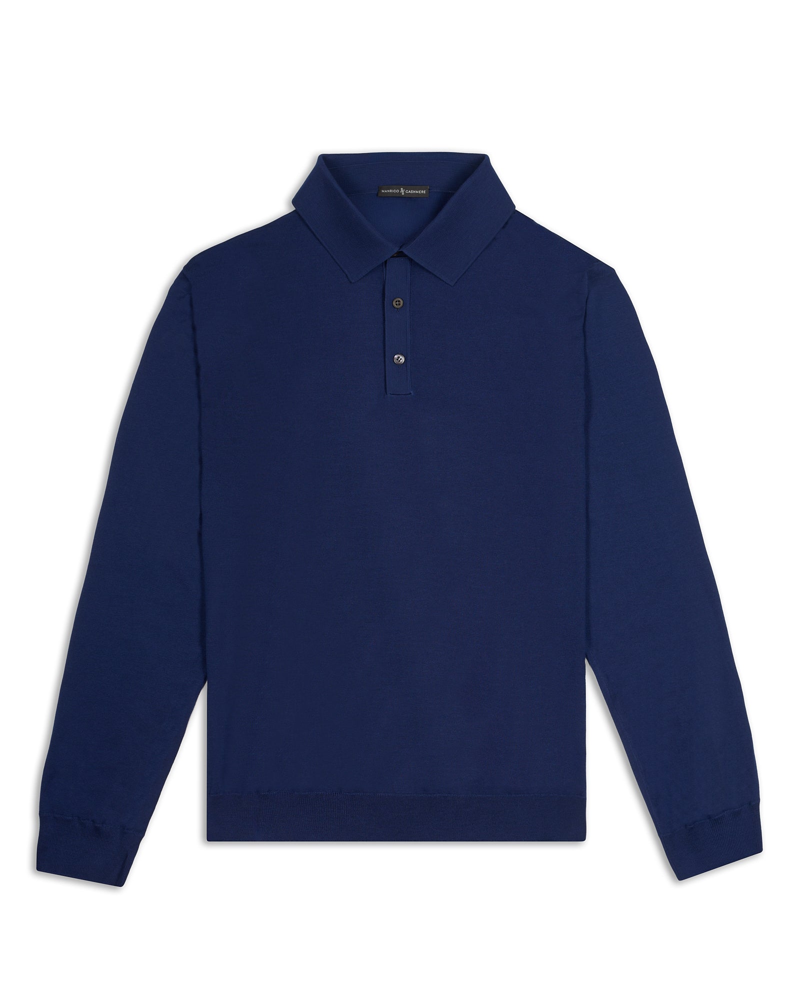 MANRICO CASHMERE Medieval Blue Cashmere-Wool-Silk Long Sleeve Polo Shirt