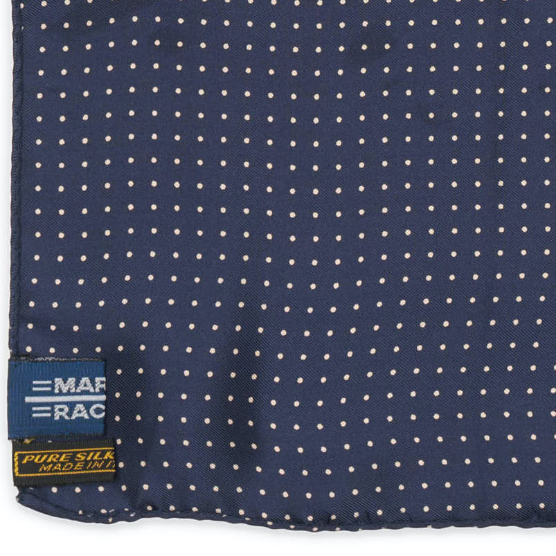 MARTINI RACING Handmade Blue Dot Silk Pocket Square NEW 26cm x 26cm