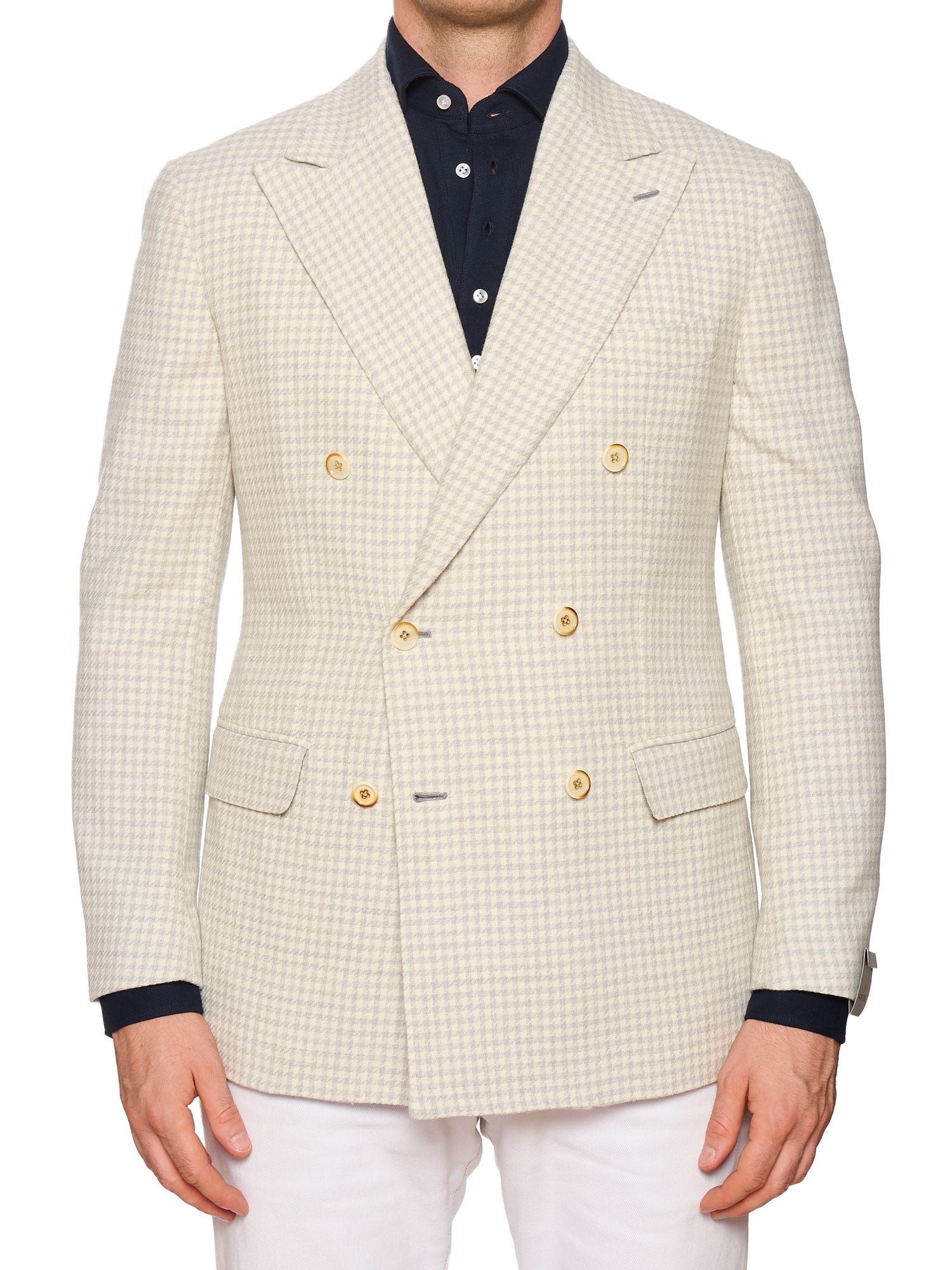 MAURO BLASI Napoli Handmade Cream Plaid Wool-Silk Double Breasted Jacket