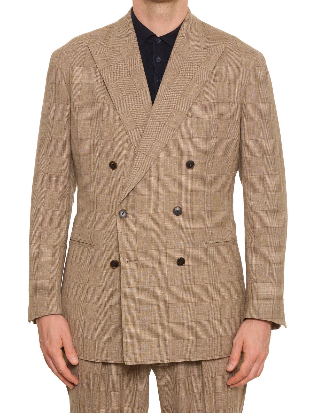 MILAN KELECENI Beige Prince of Wales Loro Piana Wool-Silk-Linen DB Suit