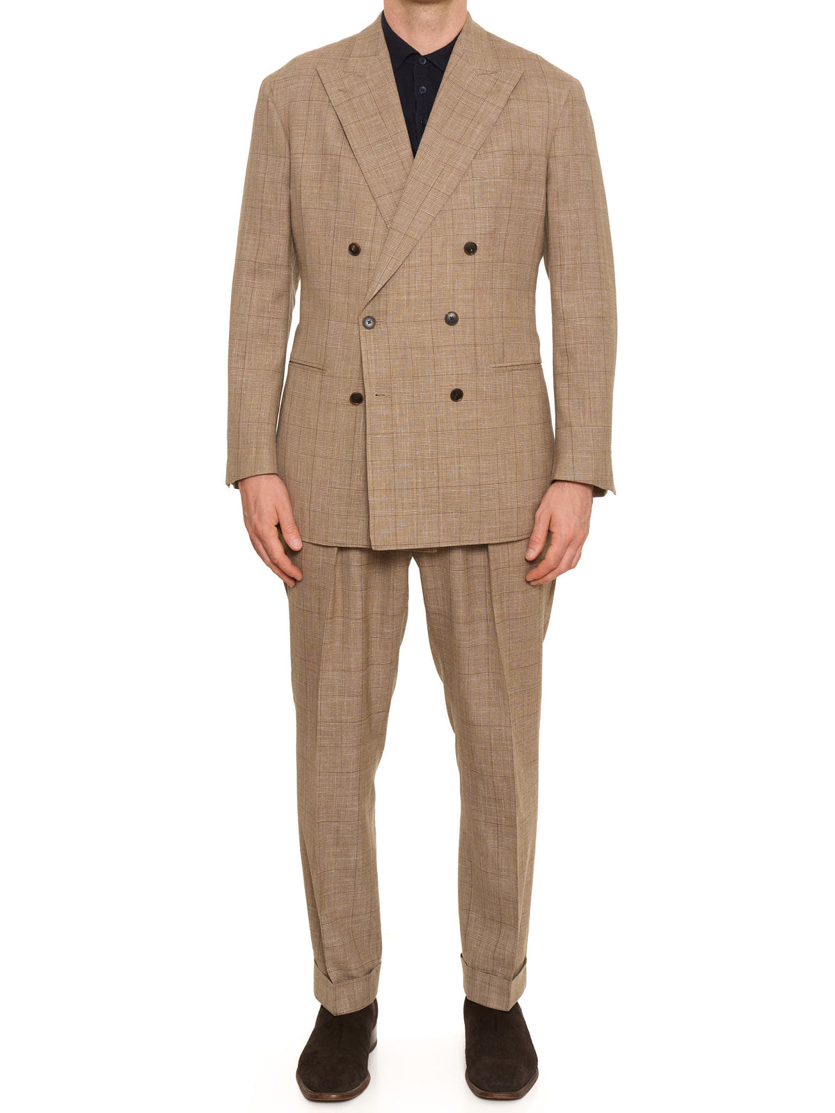 MILAN KELECENI Beige Prince of Wales Loro Piana Wool-Silk-Linen DB Suit