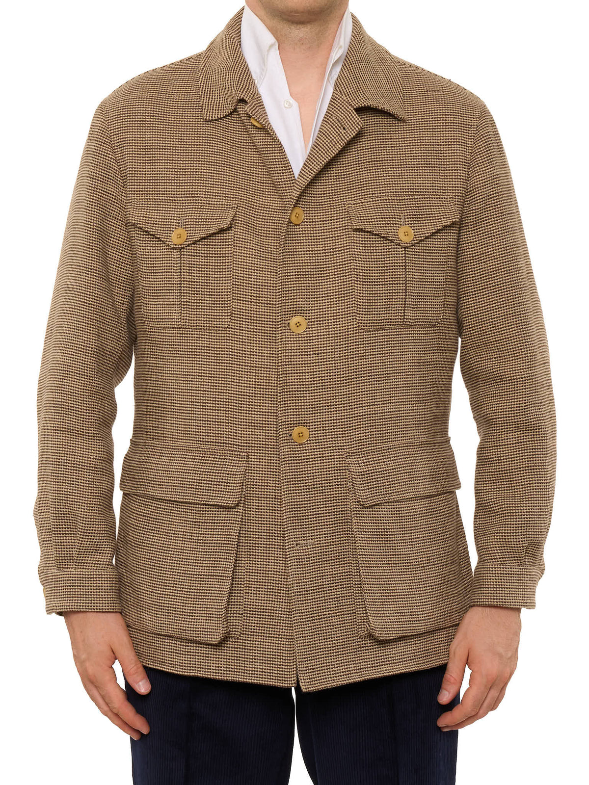 MILAN KELECENI Brown Houndstooth Wool-Silk-Linen Field Jacket